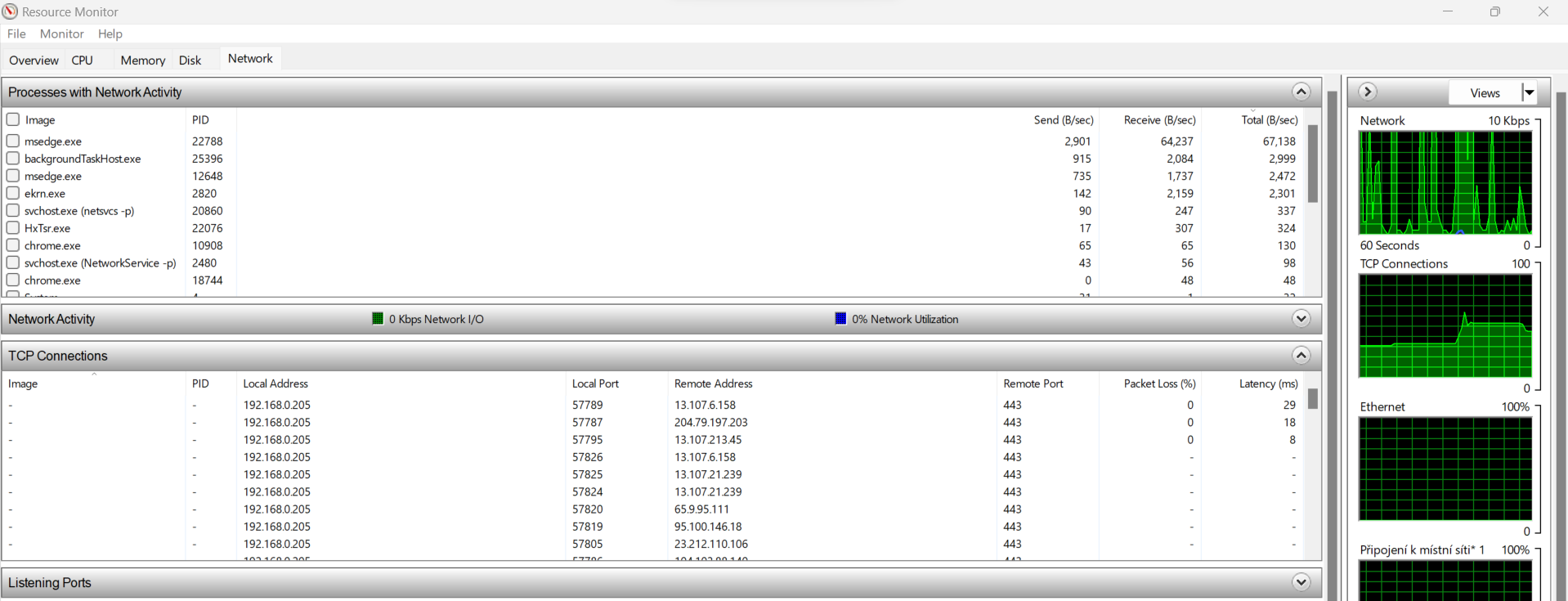 Windows Resource Monitor, open on the Network tab, displaying a list of TCP active internet connections. Windows Resource Monitor, open on the Network tab, displaying a list of TCP active internet connections.