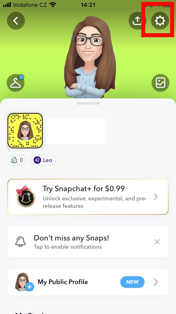 Screenshot of the Snapchat profile screen with the Settings gear icon selected to get to Privacy controls to see if your ex watches your Snapchat stories. Screenshot of the Snapchat profile screen with the Settings gear icon selected to get to Privacy controls to see if your ex watches your Snapchat stories.