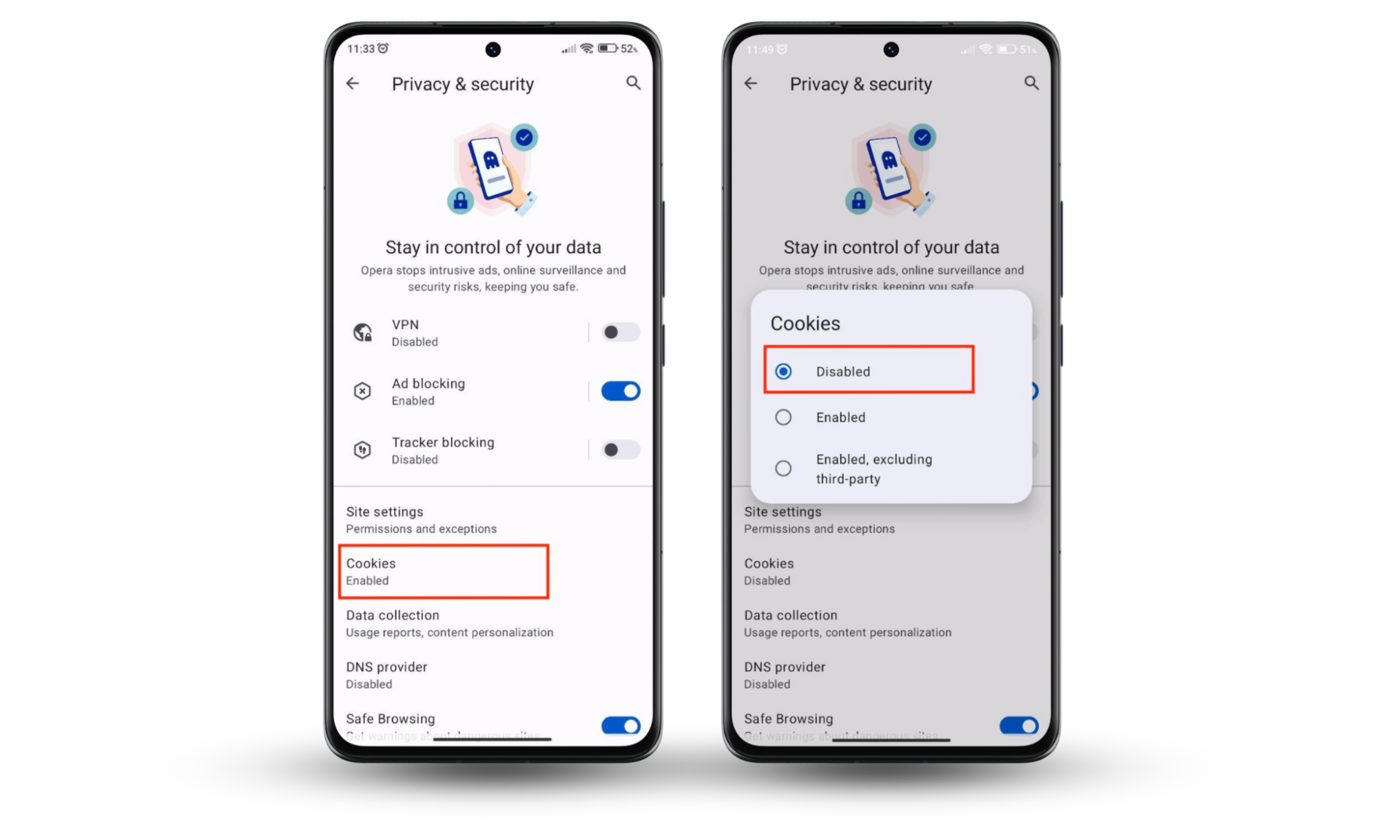 How to enable the cookie dialogue blocker in Opera on your Android device. How to enable the cookie dialogue blocker in Opera on your Android device.