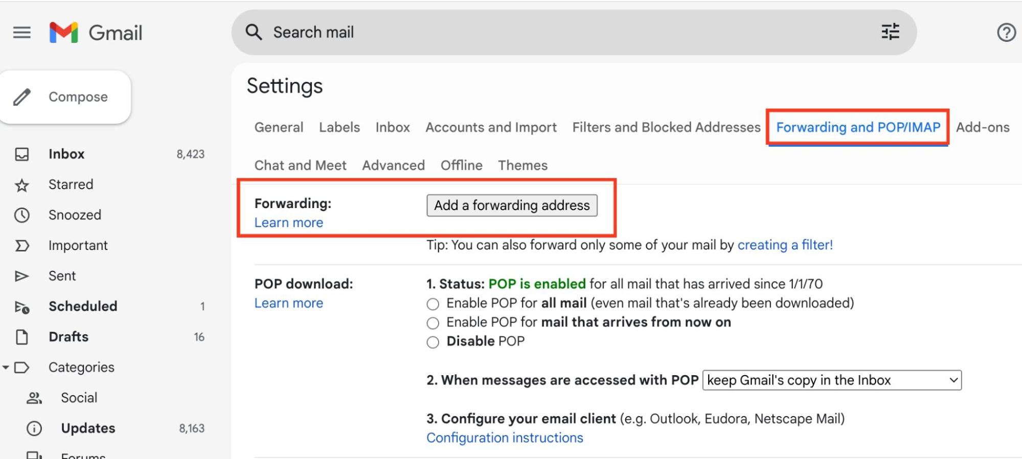 The Settings page is displayed in a user’s Gmail account. Check your mail settings to review suspicious forwarding email addresses. The Settings page is displayed in a user’s Gmail account. Check your mail settings to review suspicious forwarding email addresses.