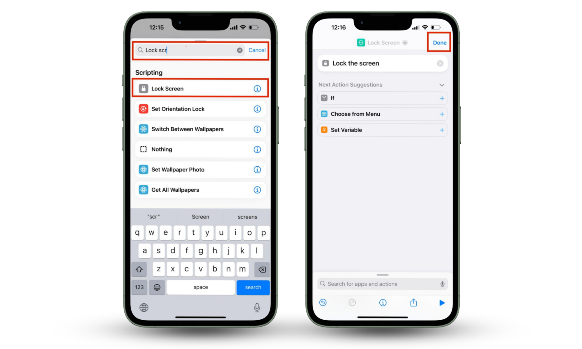Search for Lock Screen action in the iPhone Shortcuts app with Lock Screen and Done highlighted. Learn how to put passwords on iPhone apps. Search for Lock Screen action in the iPhone Shortcuts app with Lock Screen and Done highlighted. Learn how to put passwords on iPhone apps.