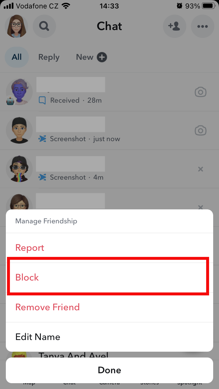 The Manage Friendship menu in Snapchat, which includes options to Report, Block, and Remove Friend. This screen has Block selected. Ex stalks your Snapchat stories. The Manage Friendship menu in Snapchat, which includes options to Report, Block, and Remove Friend. This screen has Block selected. Ex stalks your Snapchat stories.