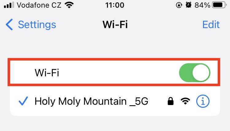 An iPhone screen showing the Wi-Fi settings menu, with the Wi-Fi toggle enabled on the selected Wi-Fi network. An iPhone screen showing the Wi-Fi settings menu, with the Wi-Fi toggle enabled on the selected Wi-Fi network.