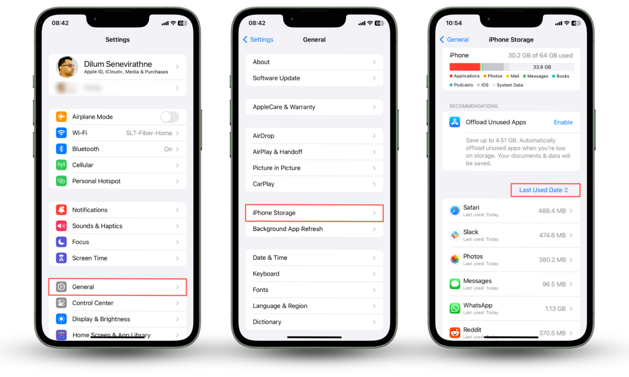 The iPhone Settings app demonstrates how to access a list of recently opened apps via the storage management console in iOS and see iPhone unlock history. The iPhone Settings app demonstrates how to access a list of recently opened apps via the storage management console in iOS and see iPhone unlock history.