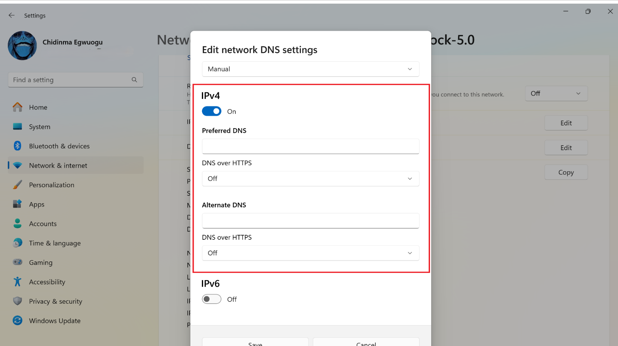 DNS settings in Windows 11 switched to Manual, with IPv4 toggled on, to stop your internet provider from spying on you. DNS settings in Windows 11 switched to Manual, with IPv4 toggled on, to stop your internet provider from spying on you.