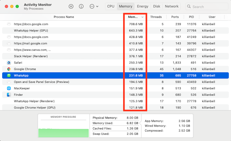 Activity Monitor in macOS shows all running processes. Power-hungry apps appear at the top of the list, and you can press the Quit button to close them. Activity Monitor in macOS shows all running processes. Power-hungry apps appear at the top of the list, and you can press the Quit button to close them.