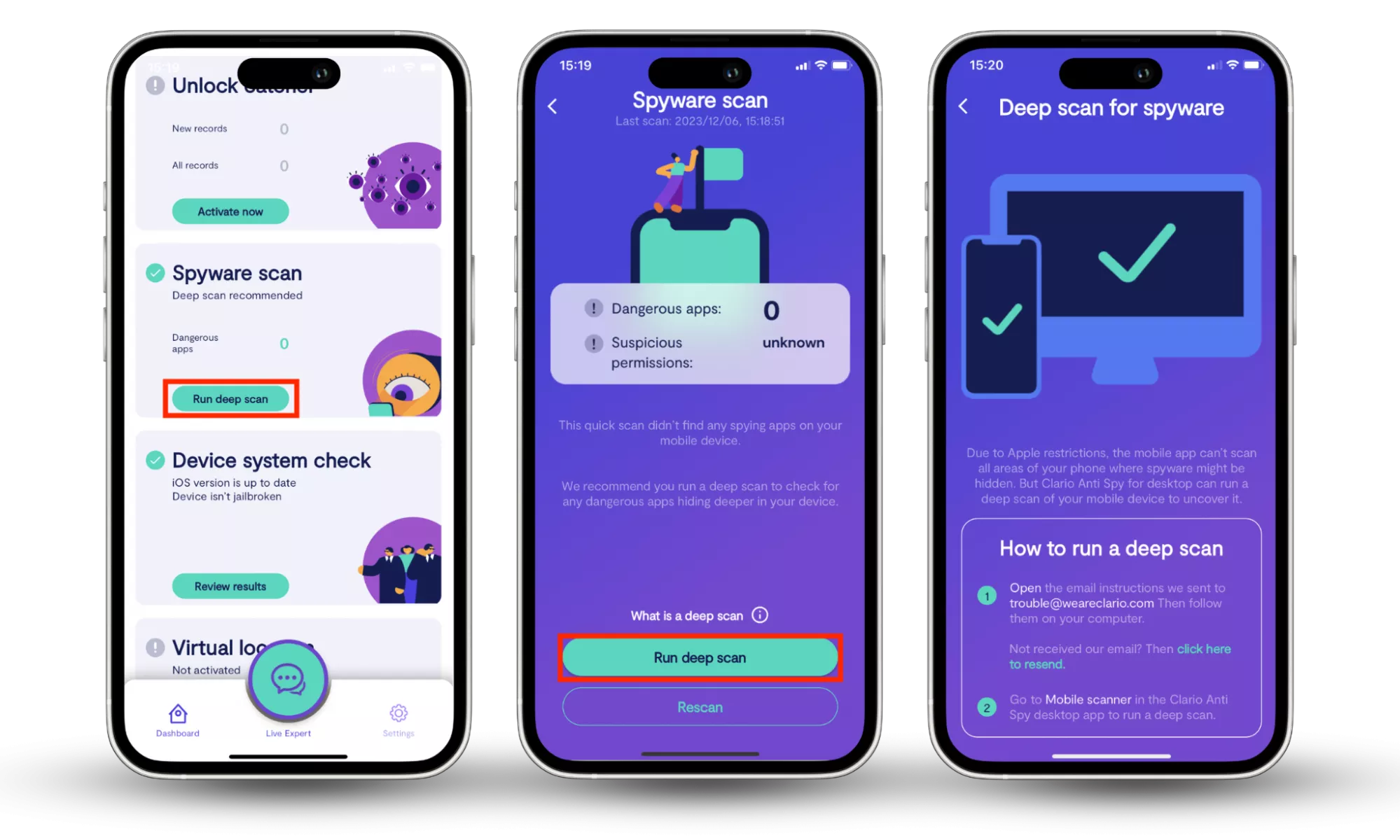 Use third-party spyware trackers like Clario’s Spyware scan to routinely scan your files and apps daily. To do this, download Clario AntiSpy and create an account. Tap Spyware scan > Run a deep scan to unearth hidden spyware on your phone. Use third-party spyware trackers like Clario’s Spyware scan to routinely scan your files and apps daily. To do this, download Clario AntiSpy and create an account. Tap Spyware scan > Run a deep scan to unearth hidden spyware on your phone.