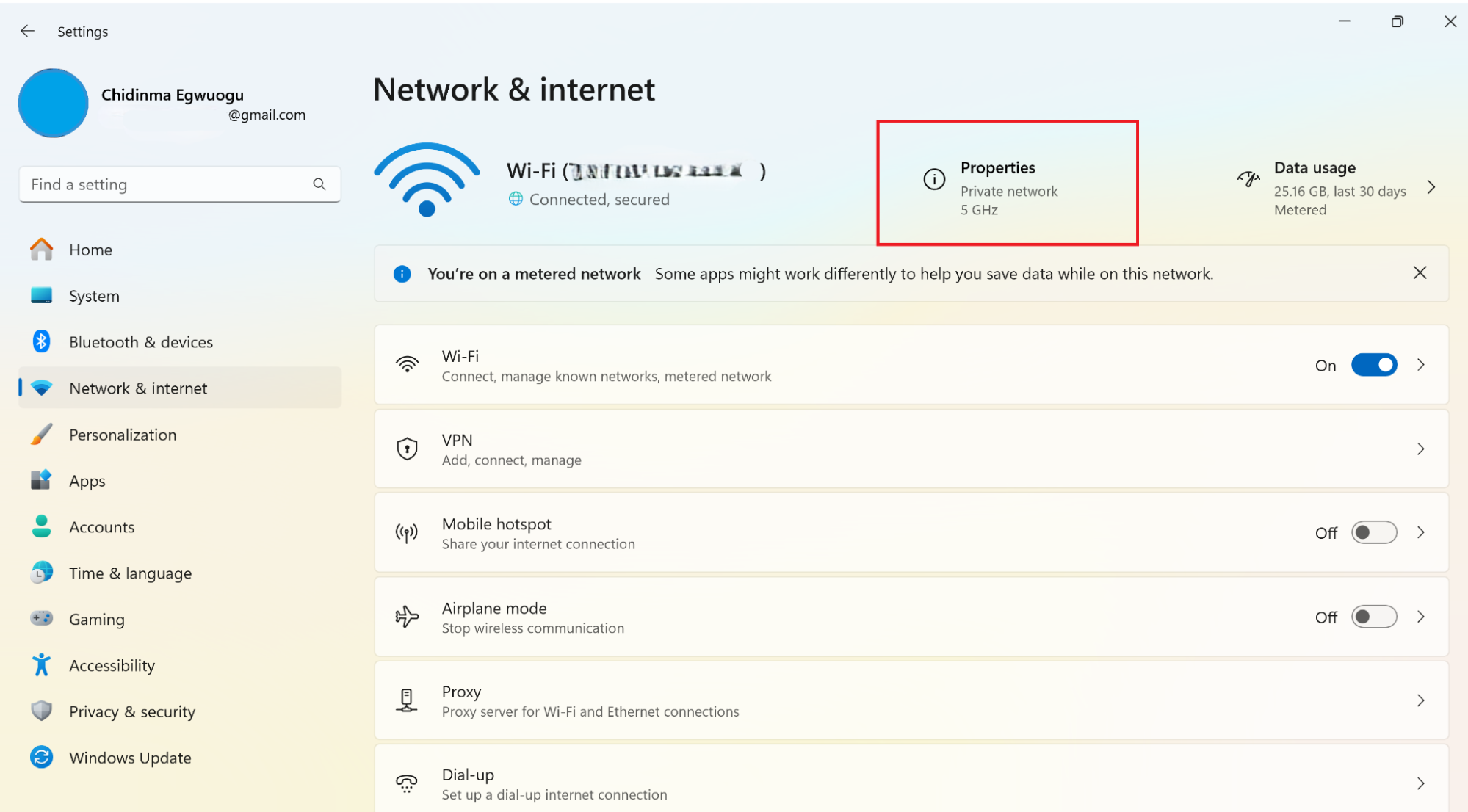 Windows 11 Settings menu with the Network & Internet settings open and the Properties tab highlighted in red to stop your internet provider from spying on you. Windows 11 Settings menu with the Network & Internet settings open and the Properties tab highlighted in red to stop your internet provider from spying on you.