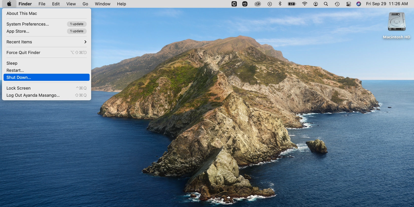 Shutting down a Mac device via the Apple menu. Shutting down a Mac device via the Apple menu.