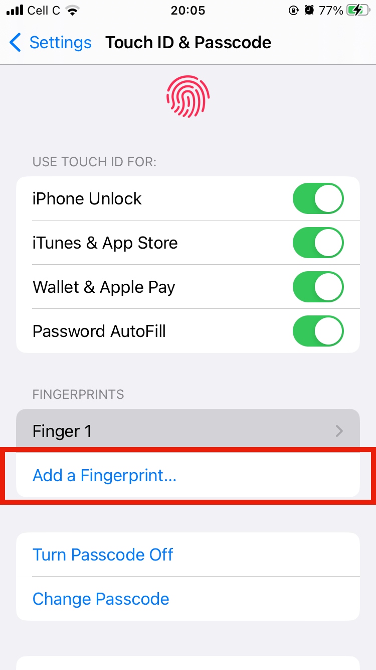 Setting up Touch ID by adding a fingerprint in iPhone settings. Setting up Touch ID by adding a fingerprint in iPhone settings.