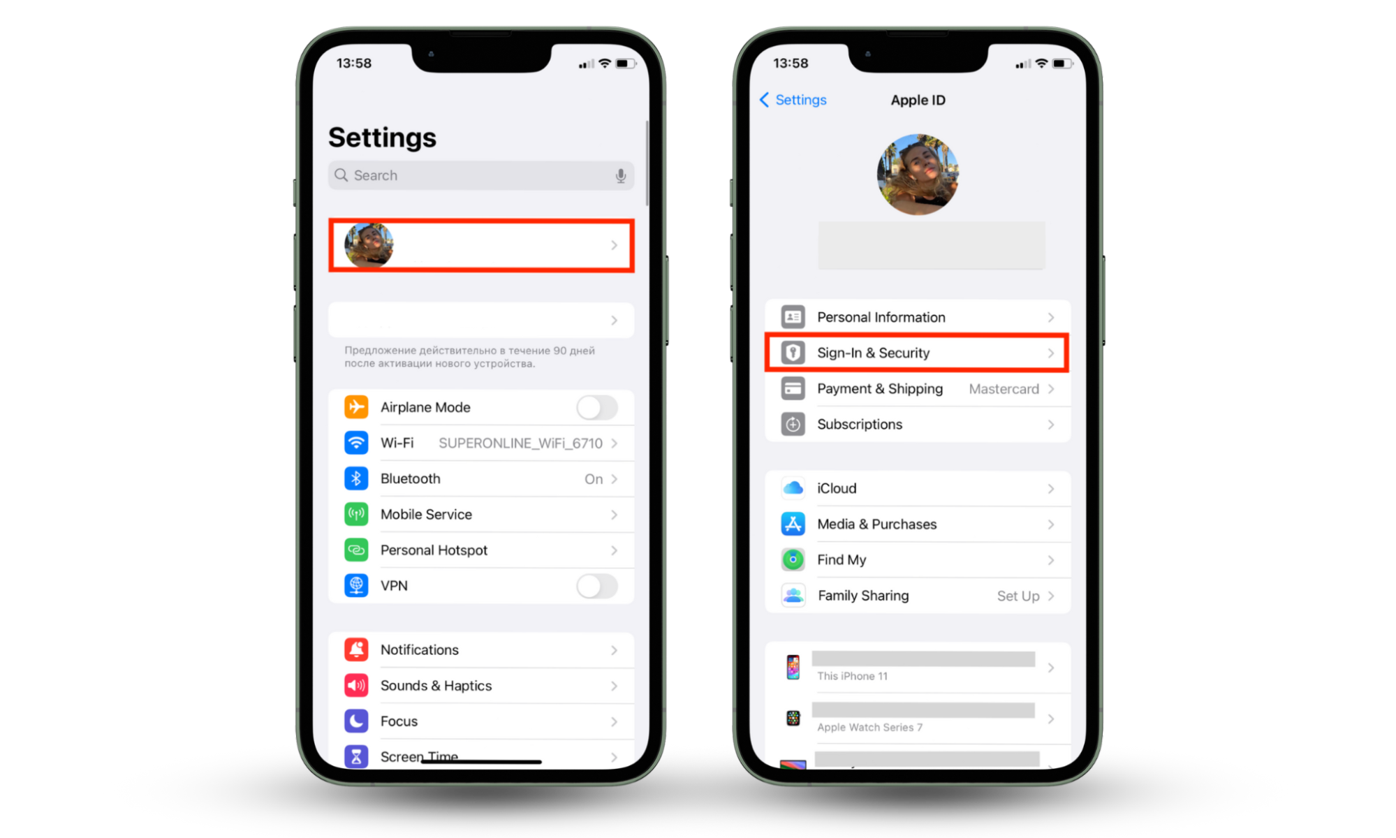 iPhone screenshots showing how to access 'Sign-In & Security' in settings, change the password, and turn on Two-Factor Authentication to prevent your wife from tracking your Apple Watch. iPhone screenshots showing how to access 'Sign-In & Security' in settings, change the password, and turn on Two-Factor Authentication to prevent your wife from tracking your Apple Watch.