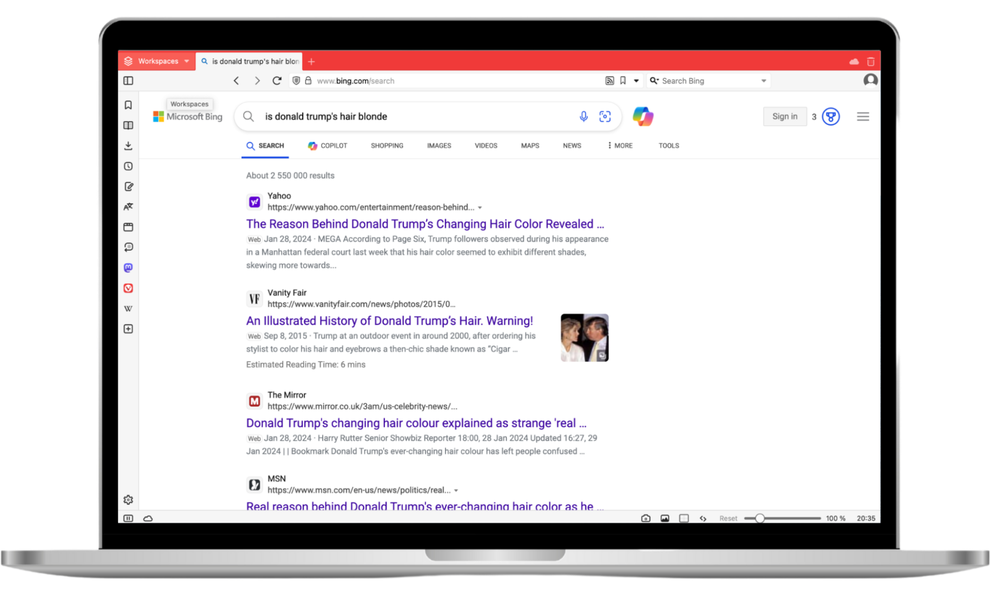 The Vivaldi browser is opened on a Mac device. The search results are shown for a Trump-related query. The Vivaldi browser is opened on a Mac device. The search results are shown for a Trump-related query.