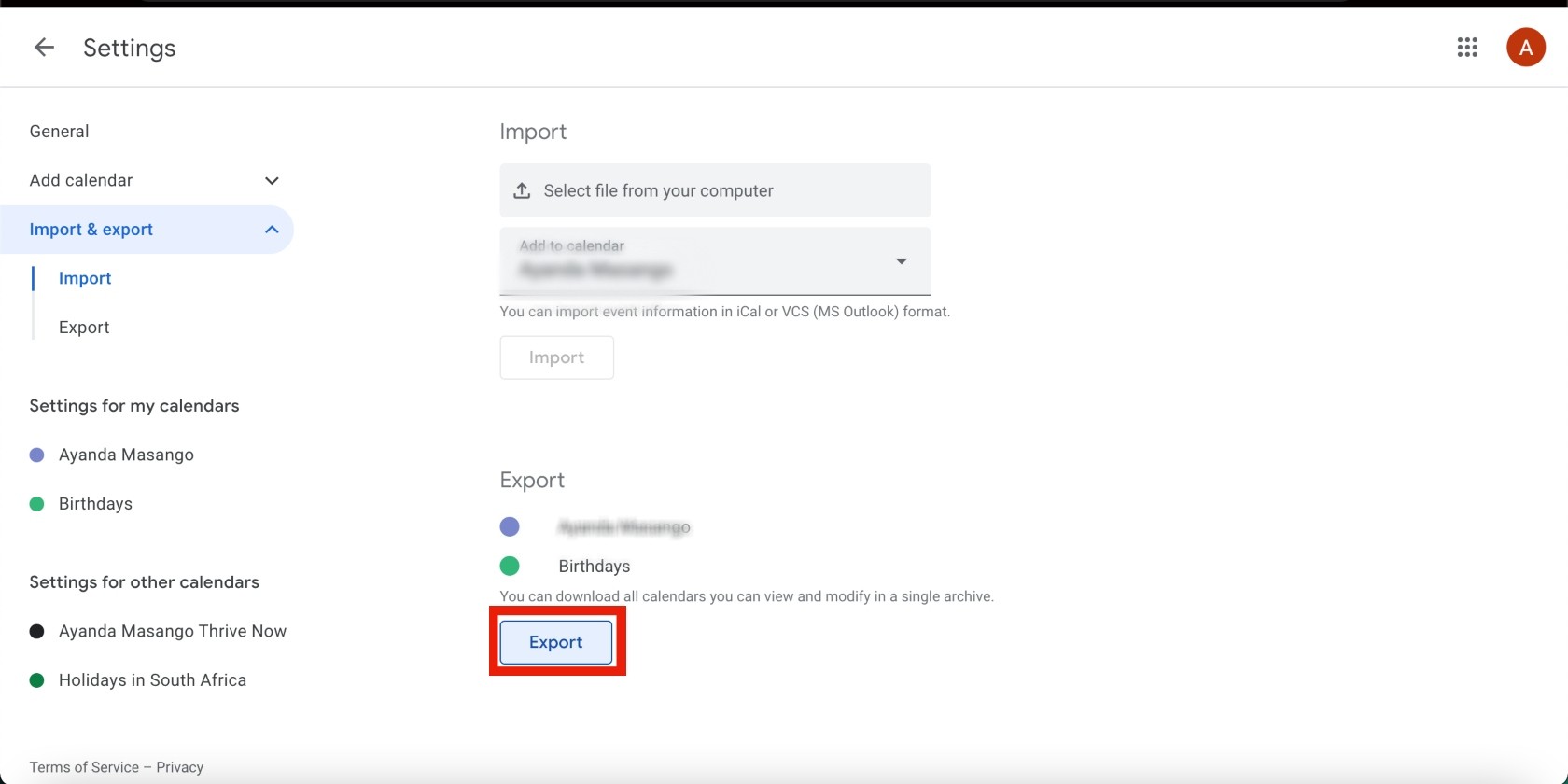 Export button in Google Calendar Export button in Google Calendar