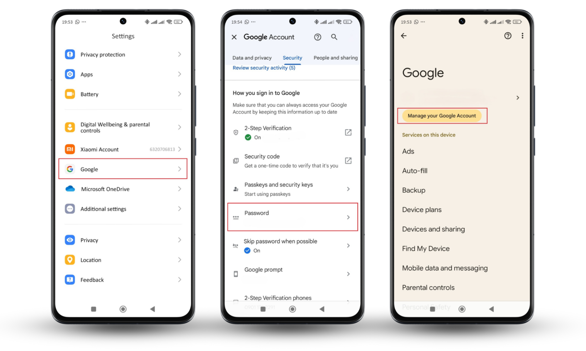 Alt: Instructions on how to open the Settings app, navigate to Google, manage your Google Account, and change the password to fix a hacked Android phone. Alt: Instructions on how to open the Settings app, navigate to Google, manage your Google Account, and change the password to fix a hacked Android phone.