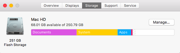 Checking available disk space on macOS High Sierra via the Storage tab in the About this Mac window. Checking available disk space on macOS High Sierra via the Storage tab in the About this Mac window.