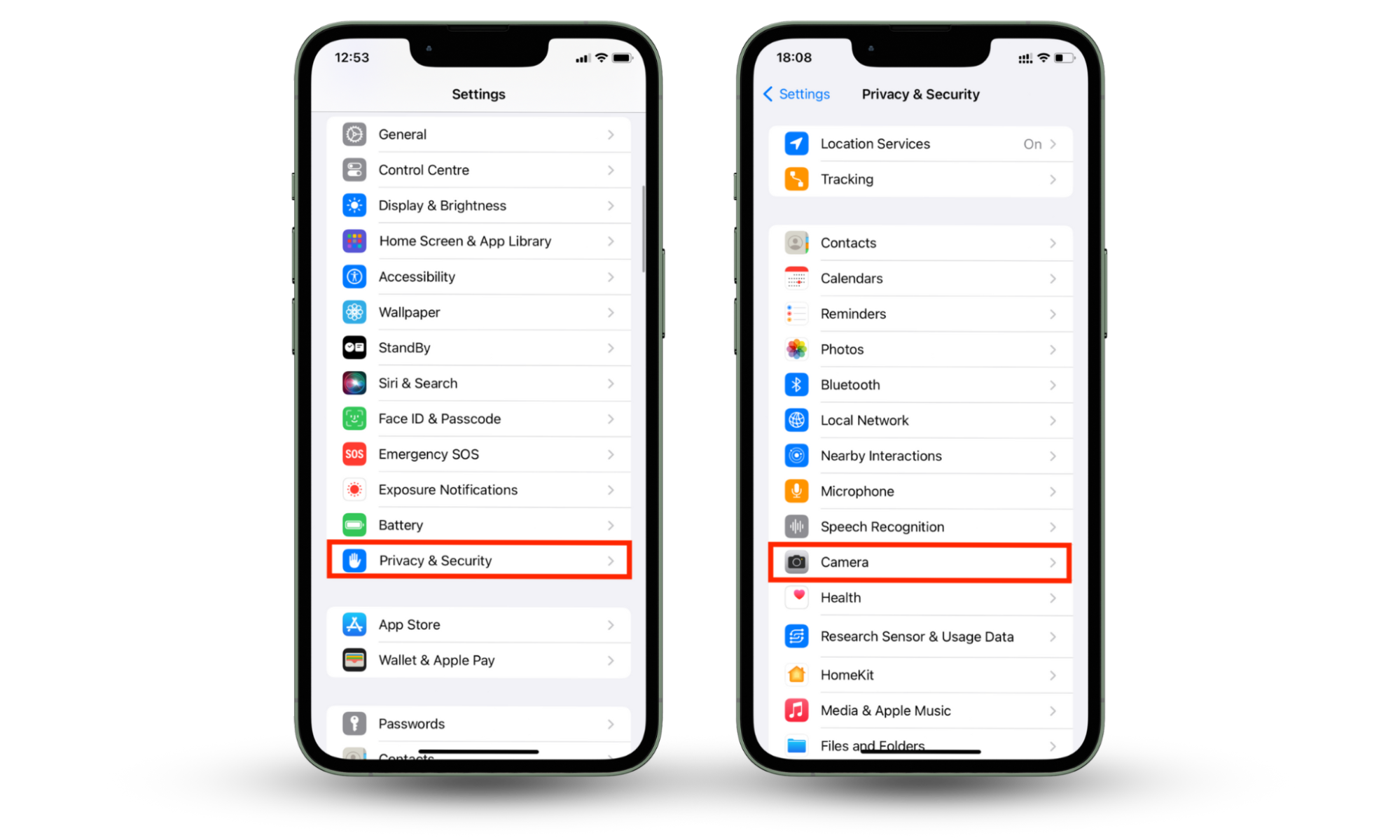 Screenshots of an iPhone showing how to access the Privacy & Security settings menu. Screenshots of an iPhone showing how to access the Privacy & Security settings menu.