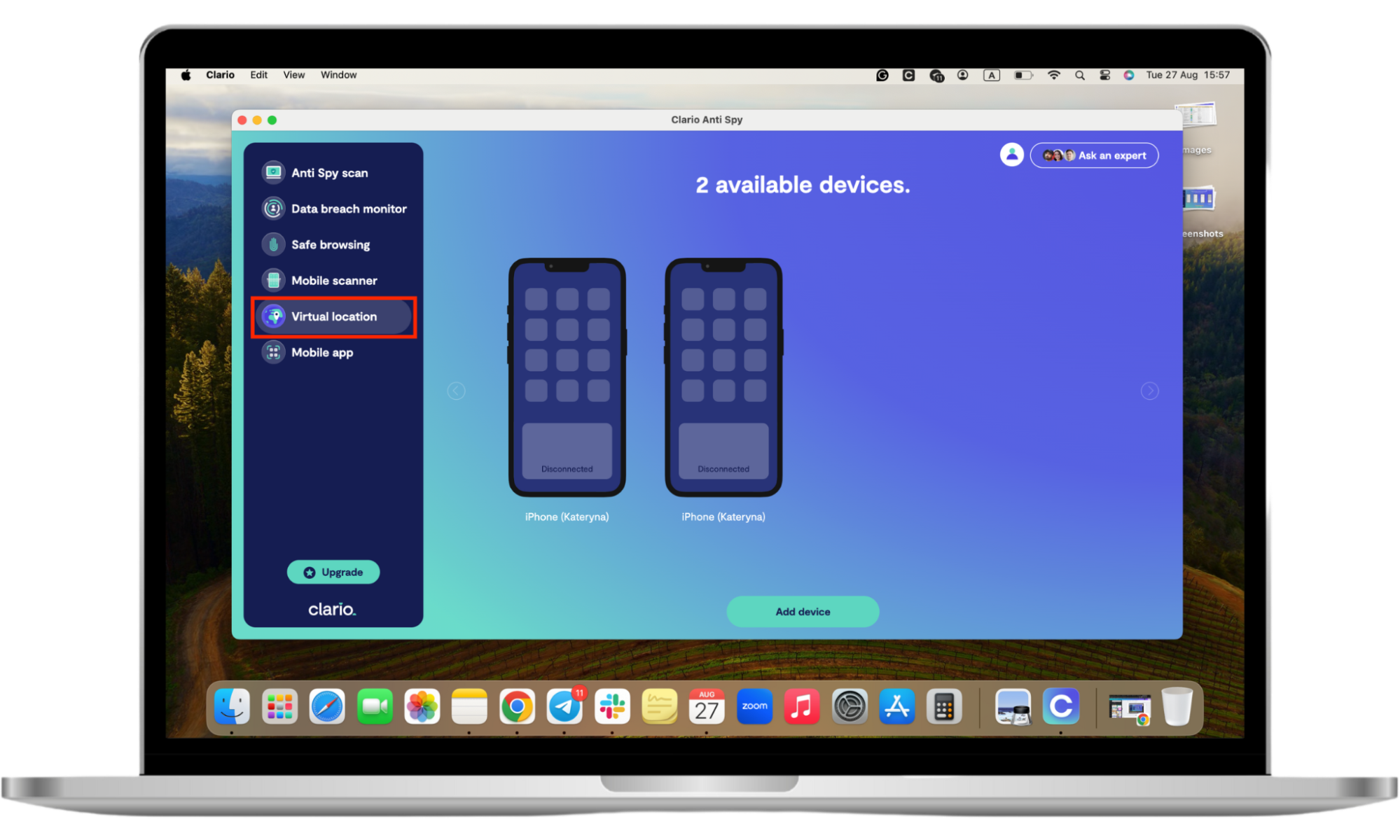 Clario Anti Spy desktop app open on Mac with instructions on setting up Virtual Location on your laptop through the Clario Anti Spy app to prevent your husband from tracking you. Clario Anti Spy desktop app open on Mac with instructions on setting up Virtual Location on your laptop through the Clario Anti Spy app to prevent your husband from tracking you.