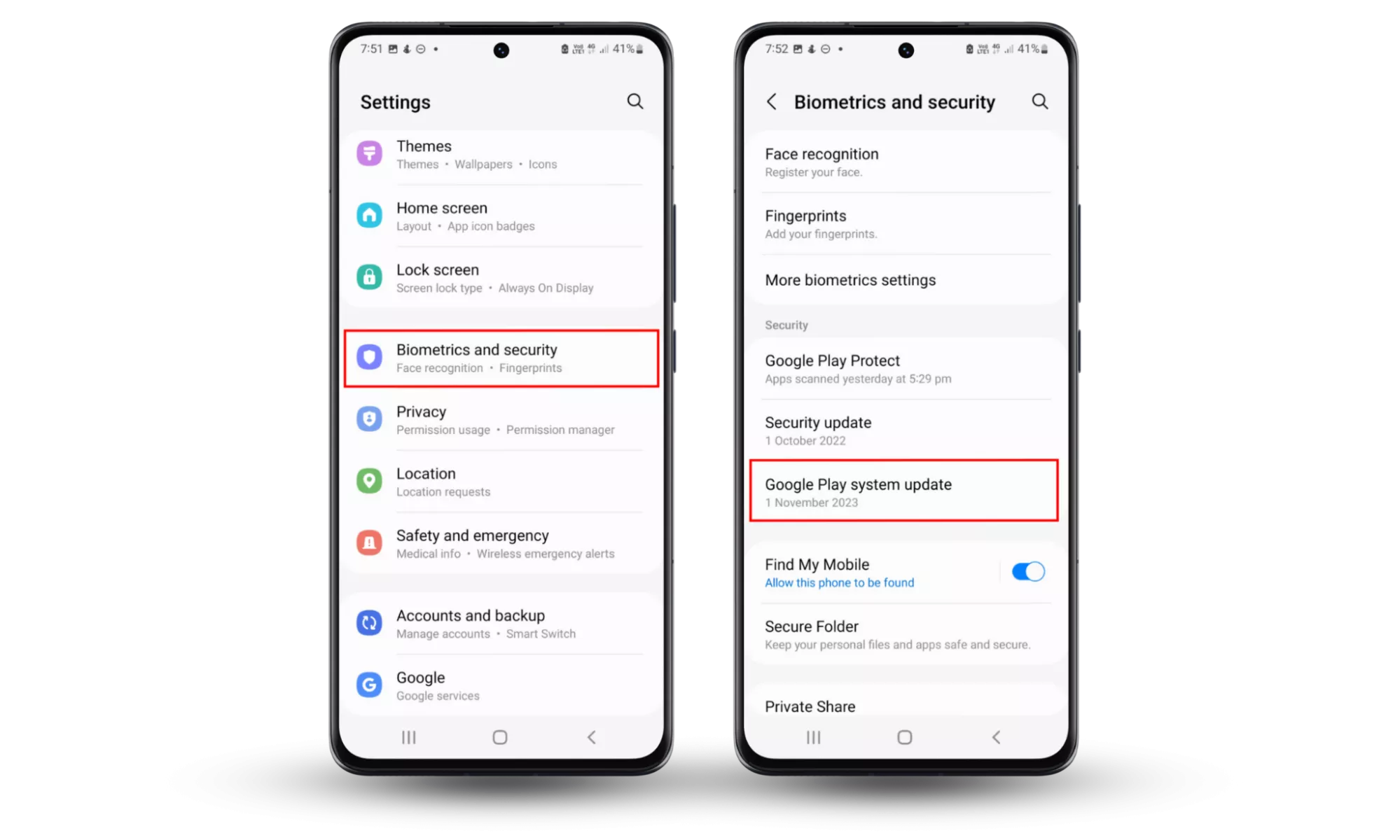 Outdated phone software can leave you vulnerable to spyware. To update your Android, press Settings Biometrics and security Google Play system update. Outdated phone software can leave you vulnerable to spyware. To update your Android, press Settings Biometrics and security Google Play system update.