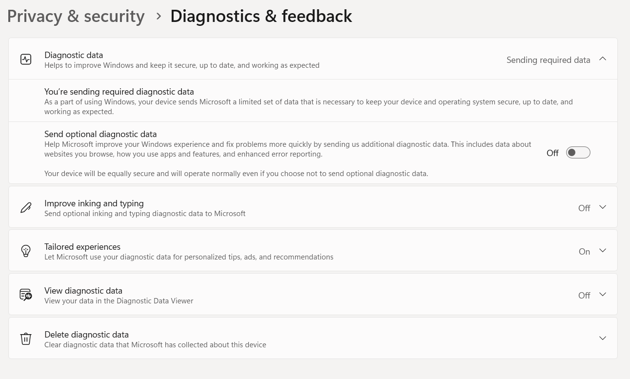 The Diagnostics & feedback window in Windows 11 The Diagnostics & feedback window in Windows 11