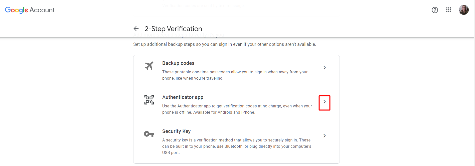 Screenshot of Authenticator app settings in a Google account on desktop Screenshot of Authenticator app settings in a Google account on desktop