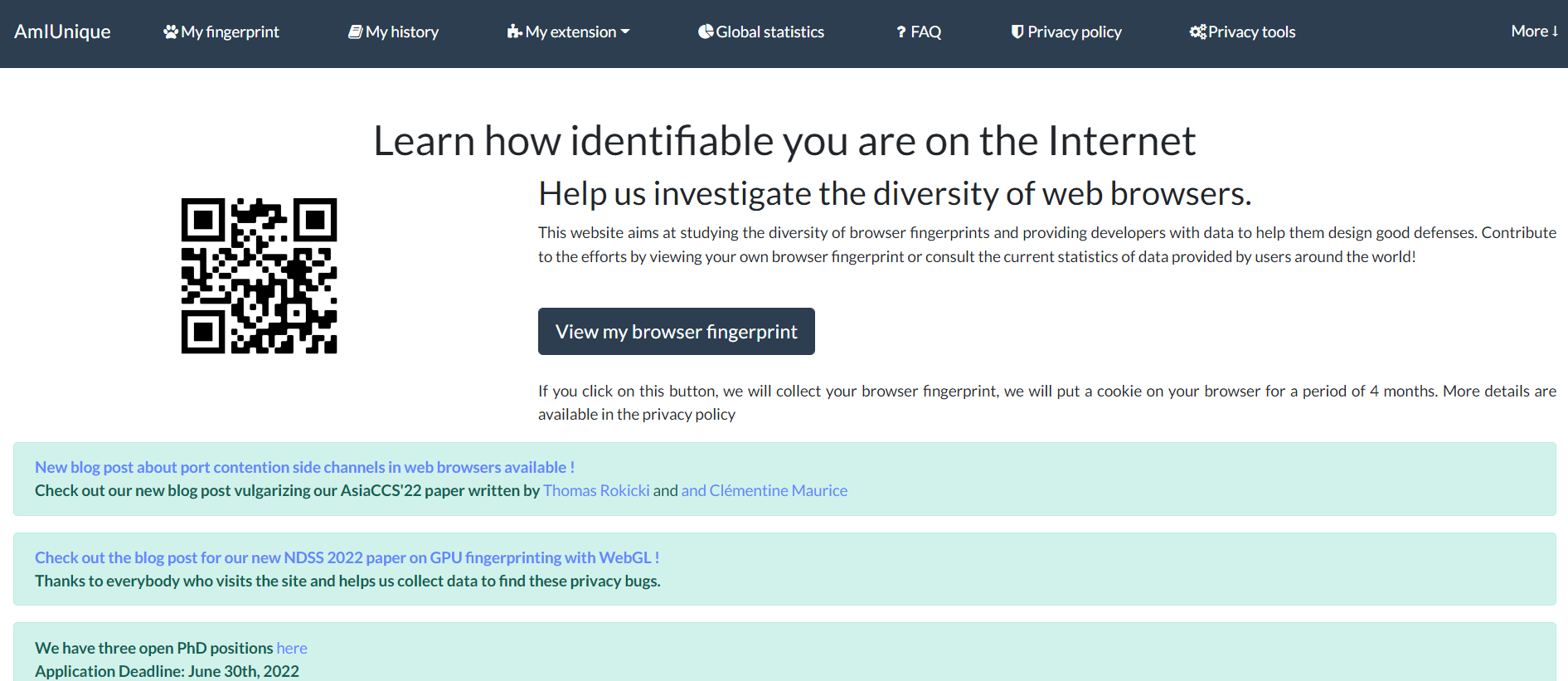 AmIUnique Website Screenshot AmIUnique Website Screenshot