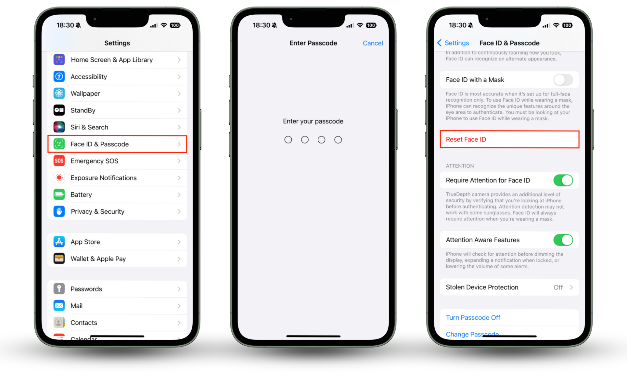 The Face ID & Passcode menu in Settings on iPhone. Select Reset Face ID to delete additional Face IDs that could lead to your iPhone being hacked. The Face ID & Passcode menu in Settings on iPhone. Select Reset Face ID to delete additional Face IDs that could lead to your iPhone being hacked.