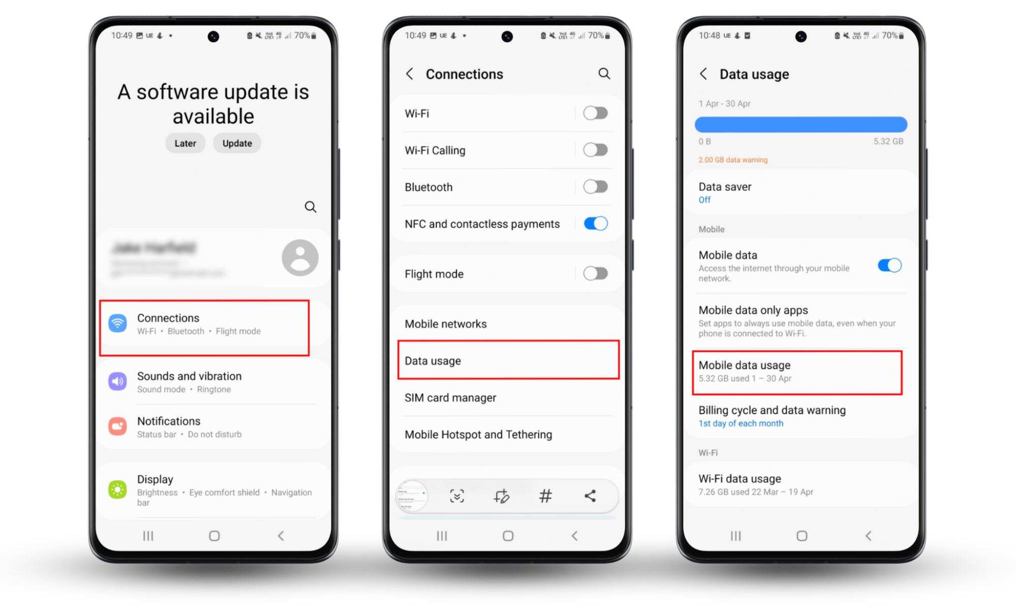 Screenshots of a Samsung phone showing how to see the mobile data usage of apps as a way to tell whether someone has hacked your device. Screenshots of a Samsung phone showing how to see the mobile data usage of apps as a way to tell whether someone has hacked your device.