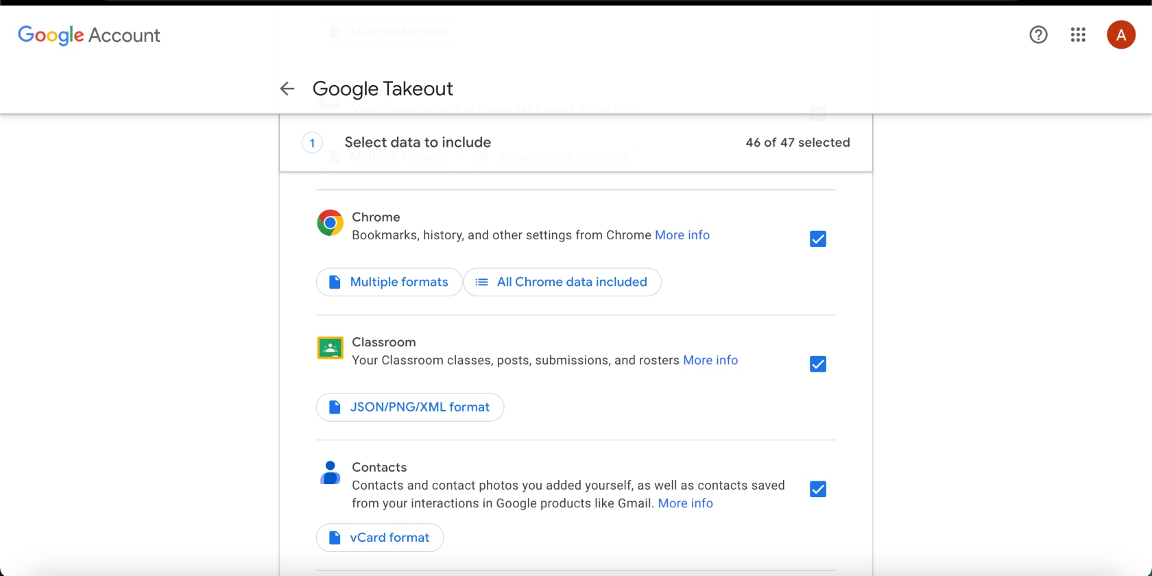 Google Takeout data list with formats Google Takeout data list with formats