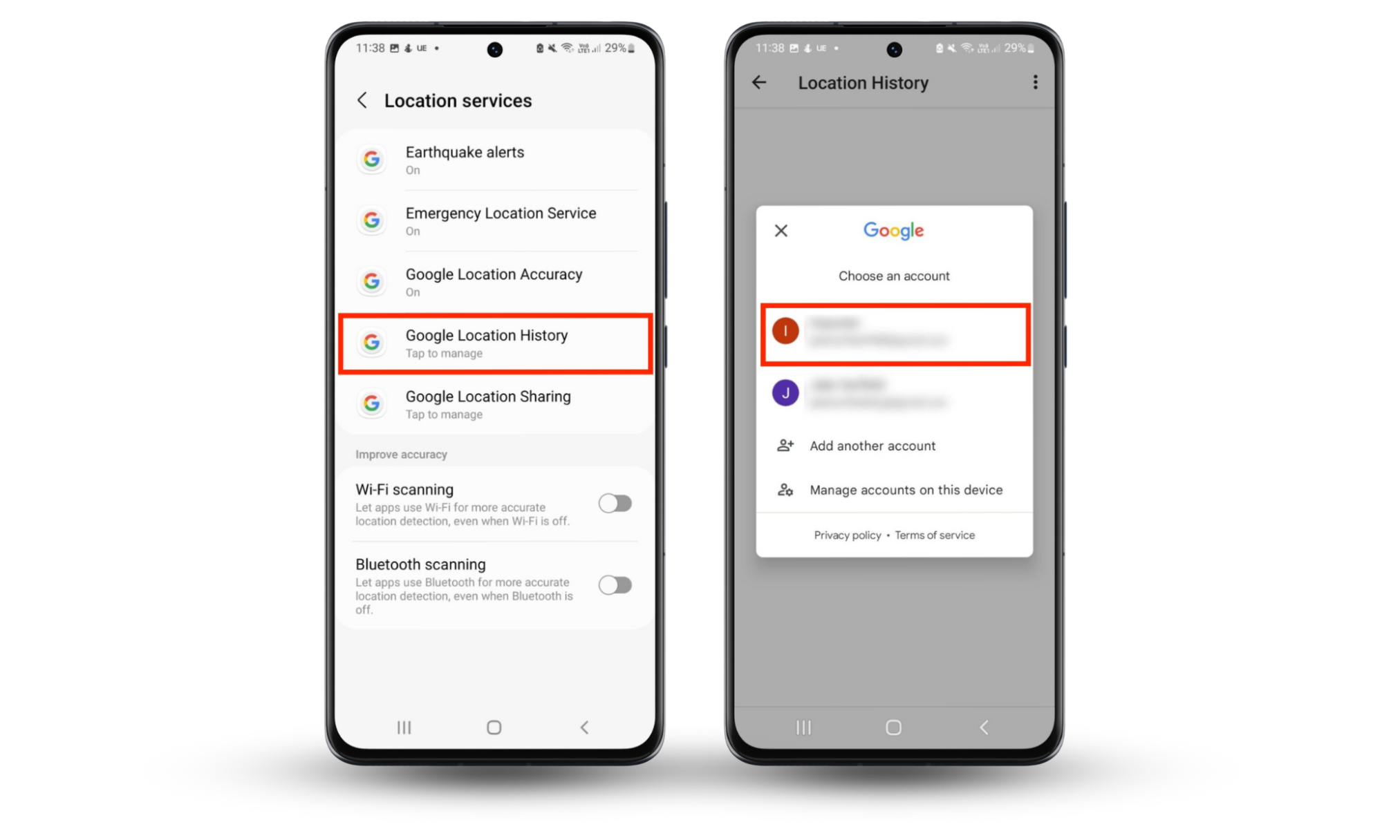 An Android device showing how to enter Google Location History settings. An Android device showing how to enter Google Location History settings.