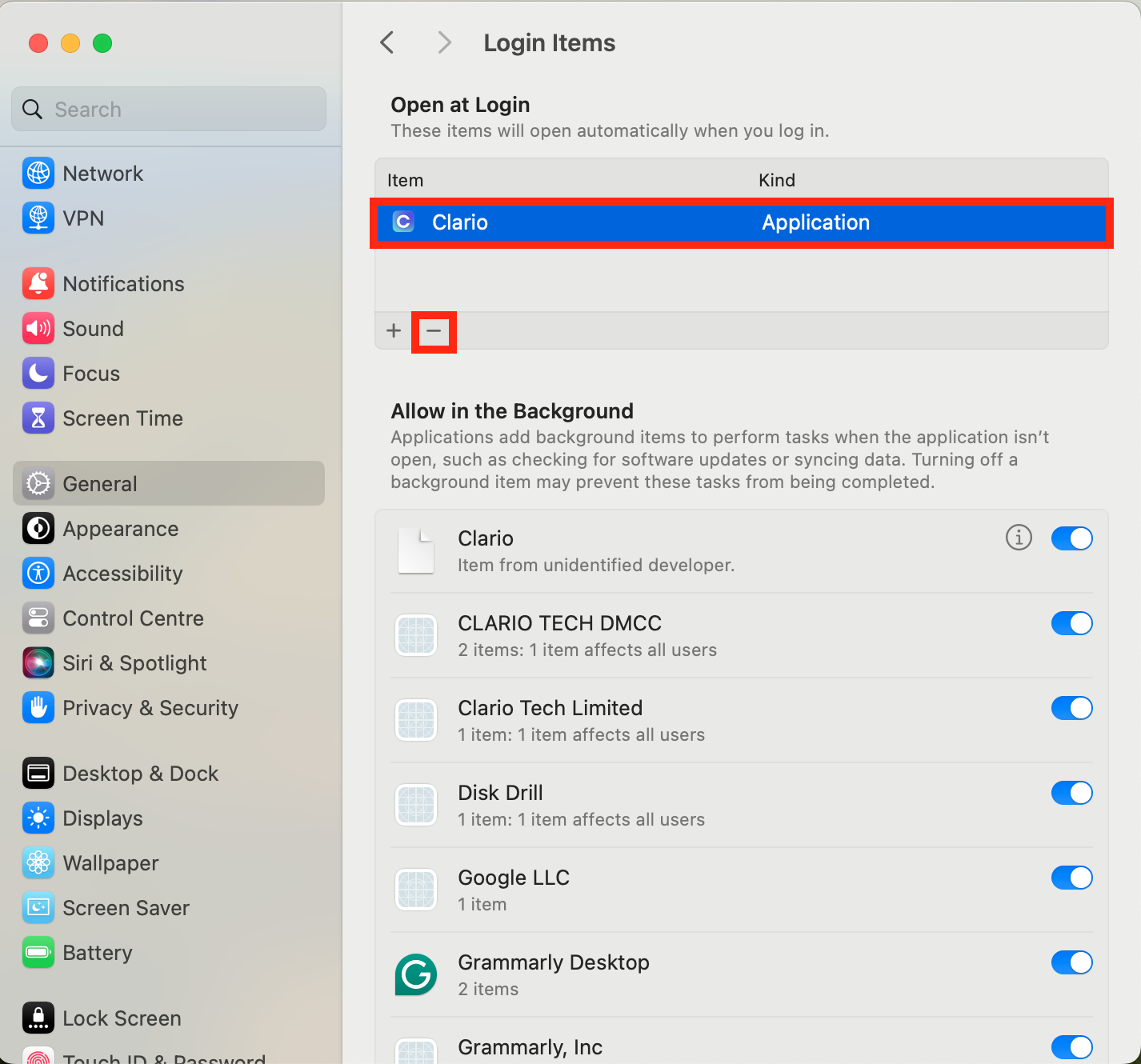 A screenshot of the Login Items window showing how to delete a login and remove malware from Mac. A screenshot of the Login Items window showing how to delete a login and remove malware from Mac.