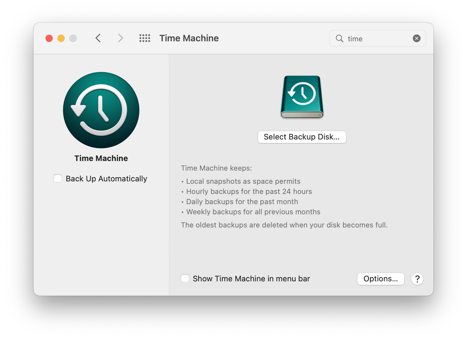 The Time Machine menu shows the option to select a backup disk. Click Select Backup Disk to continue. The Time Machine menu shows the option to select a backup disk. Click Select Backup Disk to continue.