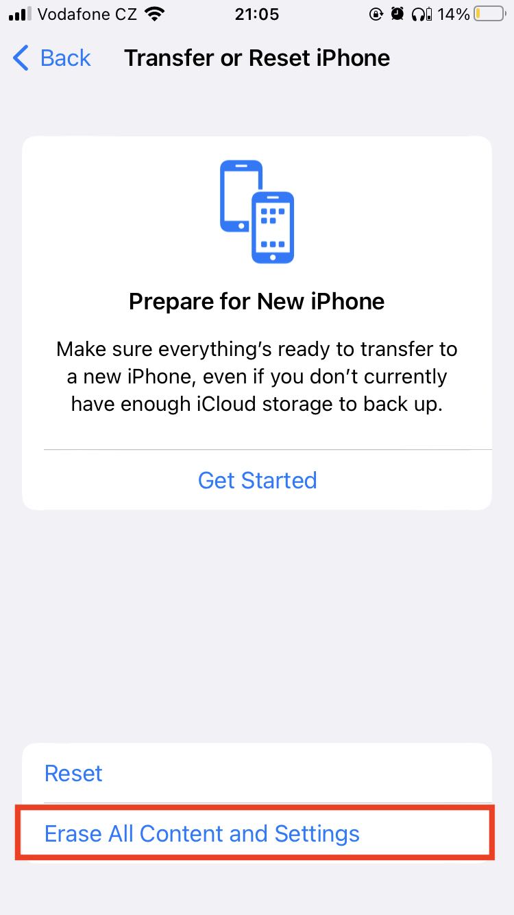 iPhone screen showing the Transfer or Reset iPhone option with Erase All Content and Settings highlighted. iPhone screen showing the Transfer or Reset iPhone option with Erase All Content and Settings highlighted.