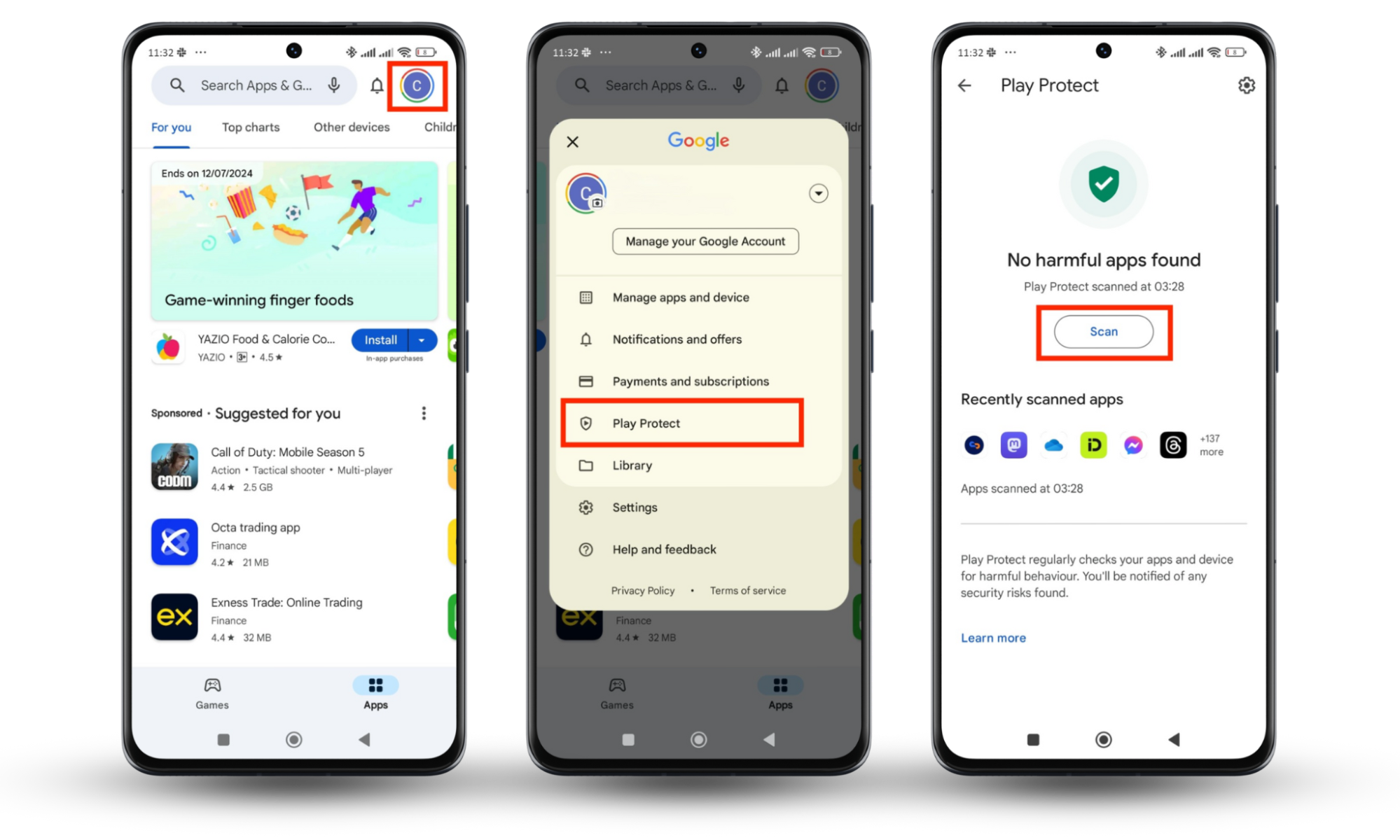 Instructions on how to select the profile icon in Google Play Store, open Play Protect, and tap Instructions on how to select the profile icon in Google Play Store, open Play Protect, and tap