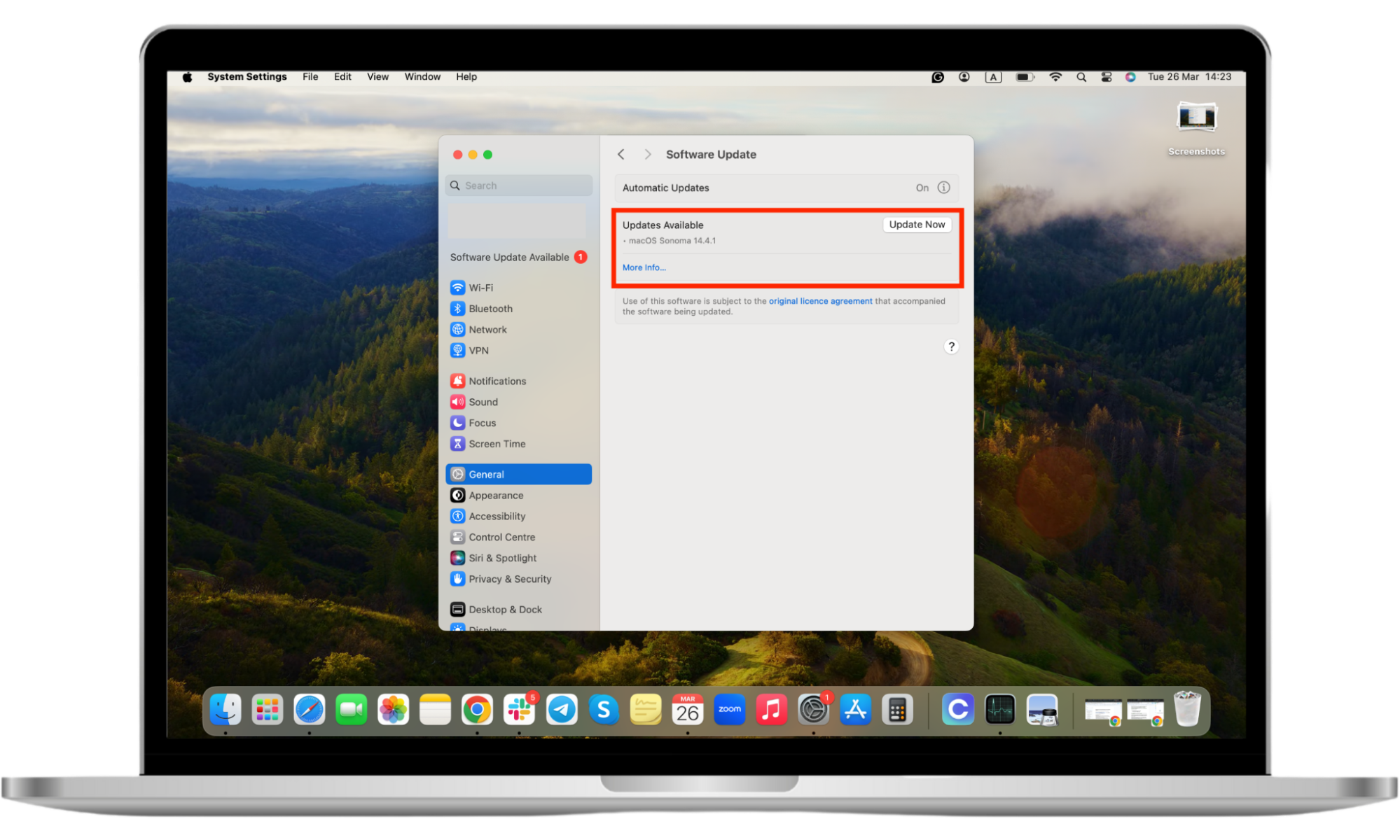 A Mac display with the Software Update menu opened and highlighted and the Updates Available panel highlighted, both with red rectangles. Prevent your ex from spying on your MacBook. A Mac display with the Software Update menu opened and highlighted and the Updates Available panel highlighted, both with red rectangles. Prevent your ex from spying on your MacBook.