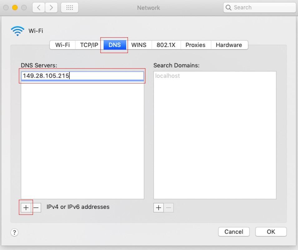 Click on the DNS tab and update the DNS server by clicking the + symbol. Click on the DNS tab and update the DNS server by clicking the + symbol.
