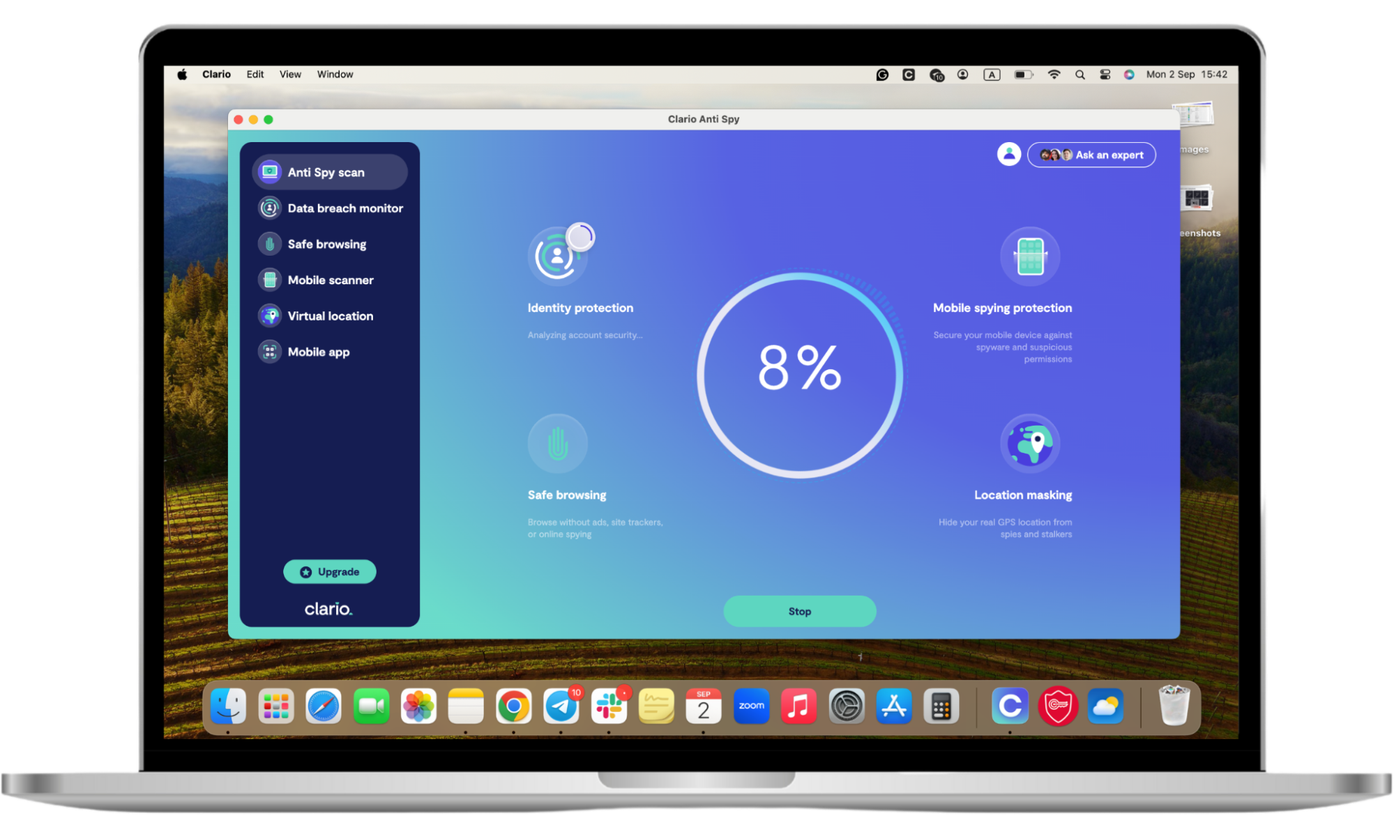 Screenshot that demonstrates how to perform a Spyware Scan with Clario AntiSpy on a Mac or PC if your spouse is spying on your computer. Screenshot that demonstrates how to perform a Spyware Scan with Clario AntiSpy on a Mac or PC if your spouse is spying on your computer.