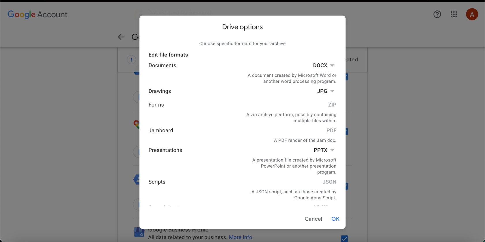 Google Takeout file format options Google Takeout file format options