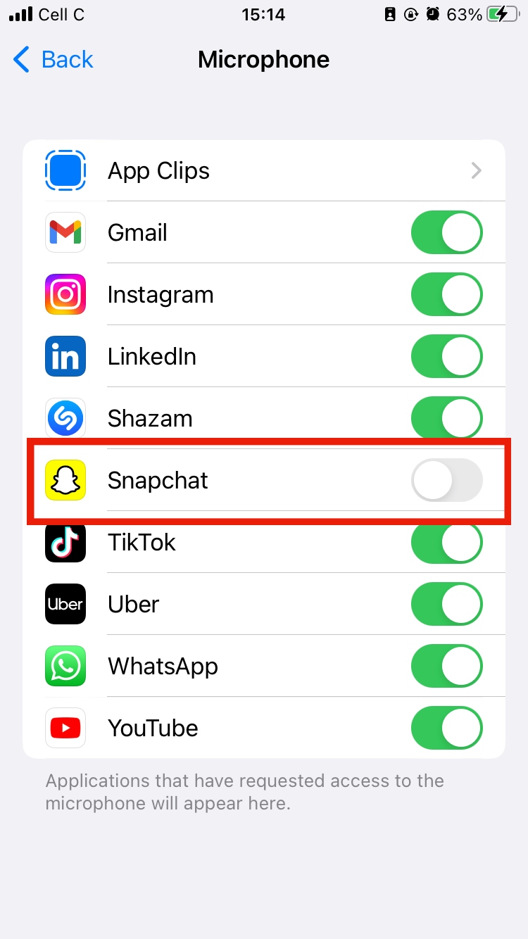 The microphone is disabled for Snapchat in iPhone settings. The microphone is disabled for Snapchat in iPhone settings.