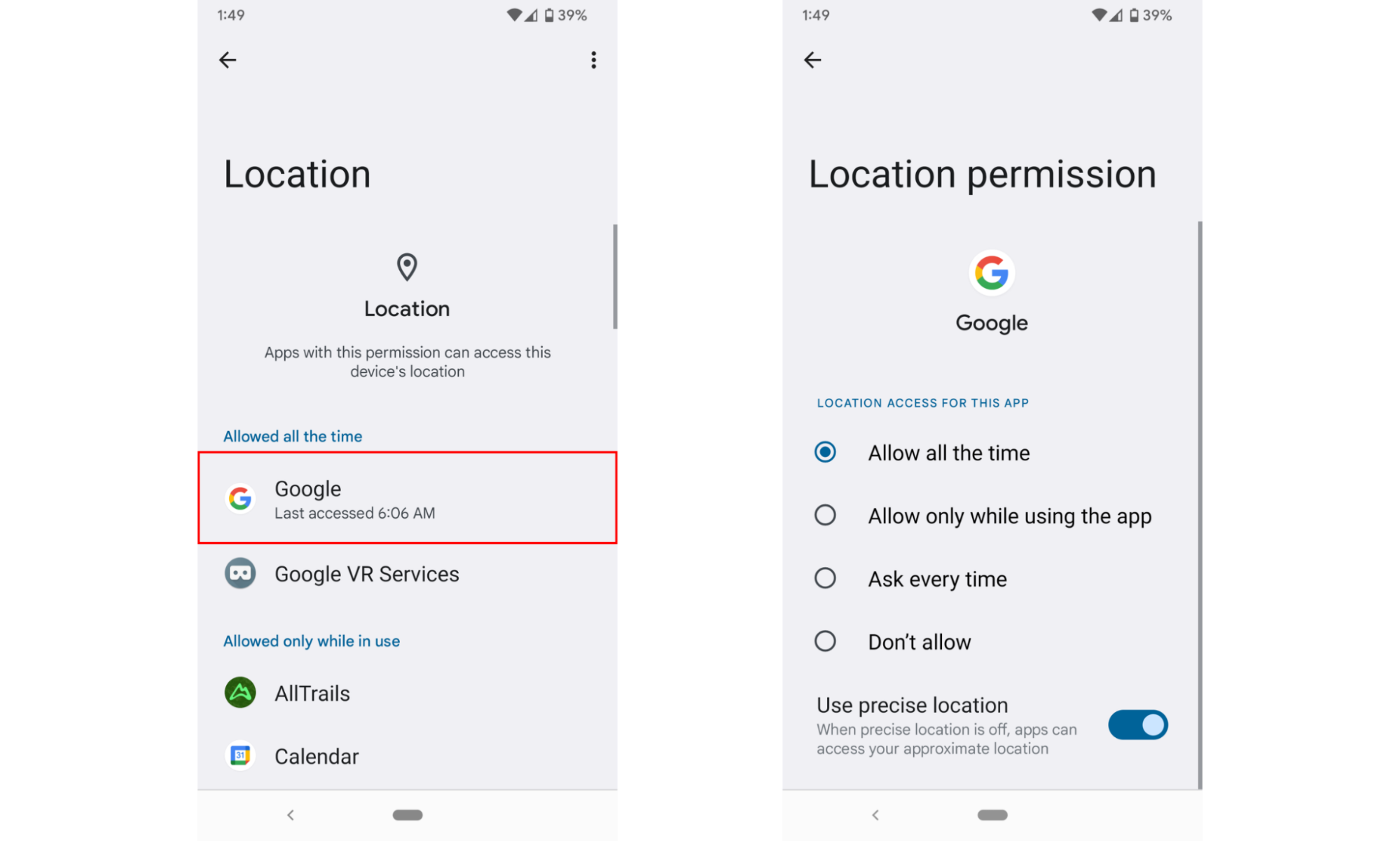 Screenshot displaying how Android phone users can update location permissions for individual apps Screenshot displaying how Android phone users can update location permissions for individual apps