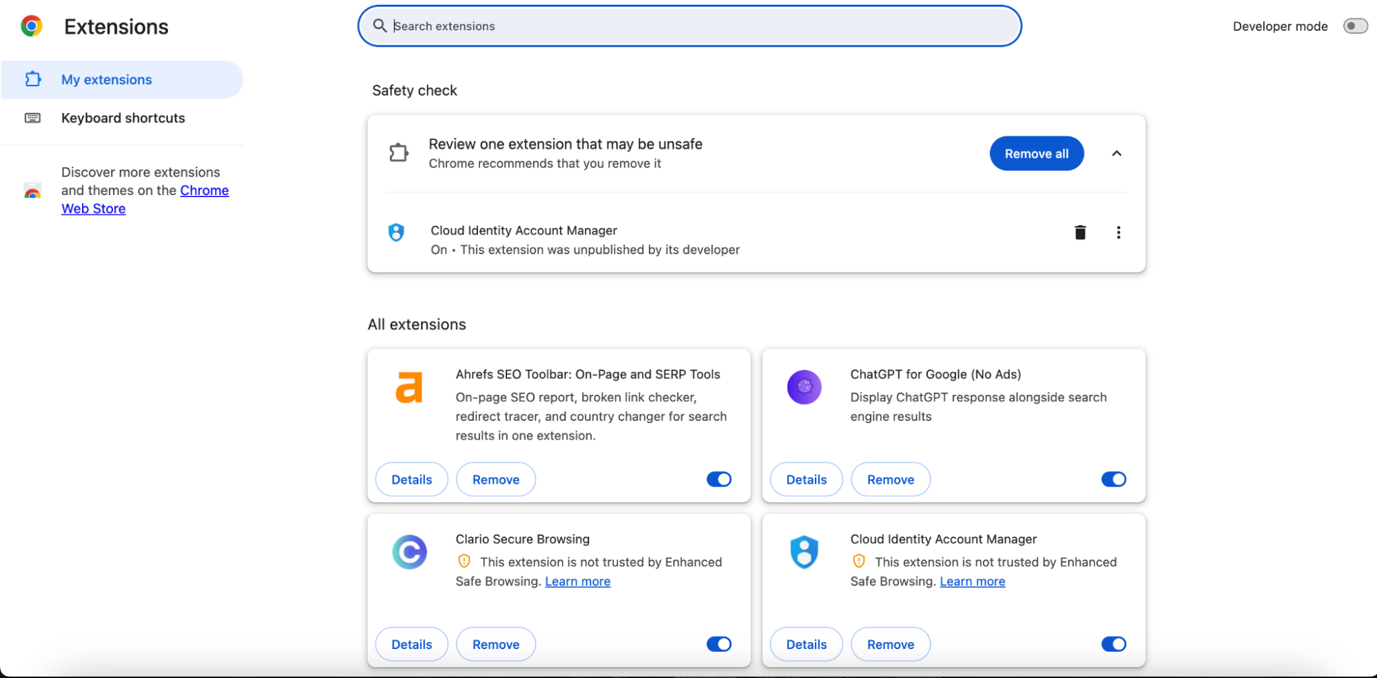A screenshot of Google Chrome's Extensions window showing how to scan for suspicious add-ons and remove malware from Mac. A screenshot of Google Chrome's Extensions window showing how to scan for suspicious add-ons and remove malware from Mac.