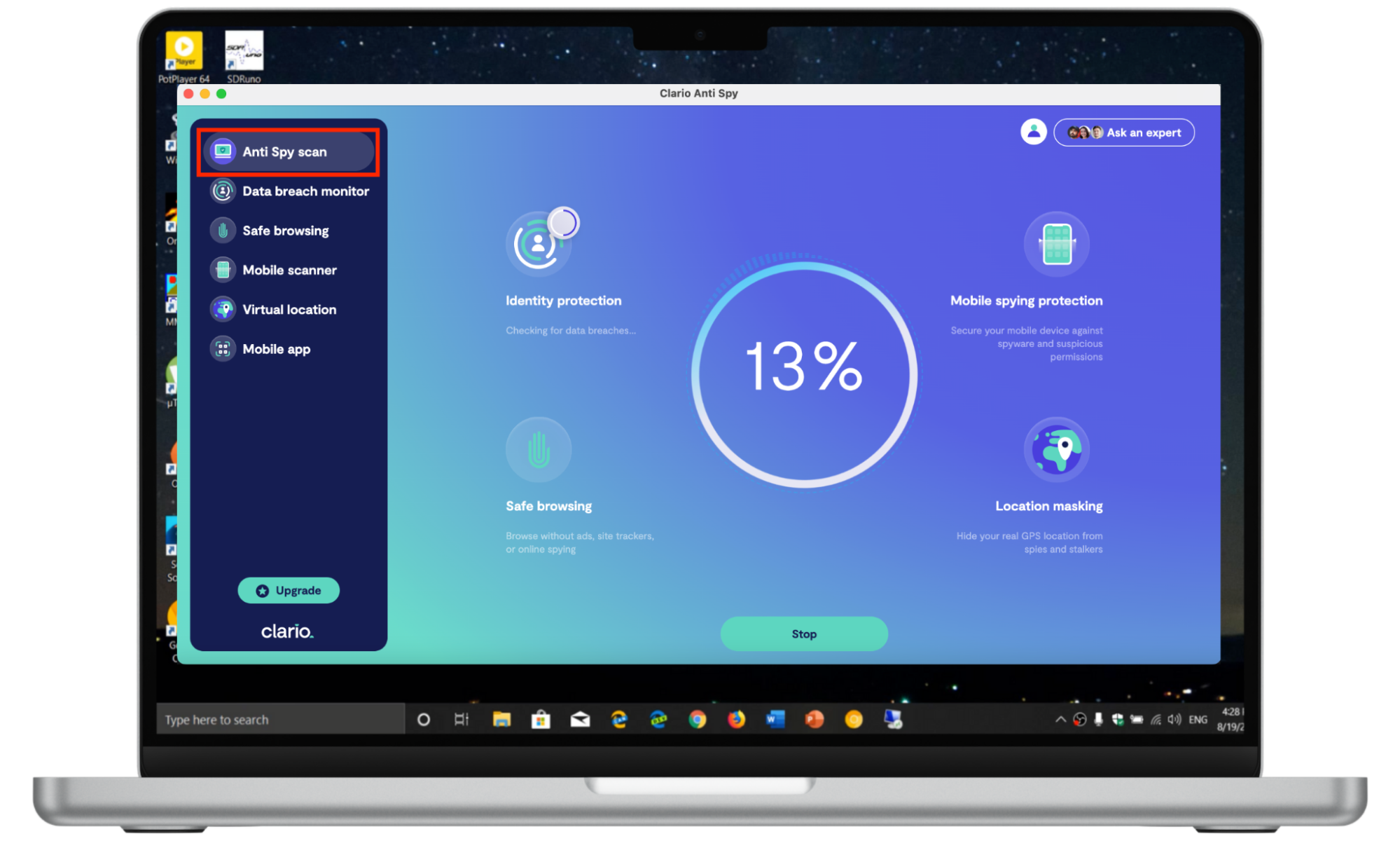 Clario AntiSpy running an Anti Spy scan on a Windows device. Clario AntiSpy running an Anti Spy scan on a Windows device.
