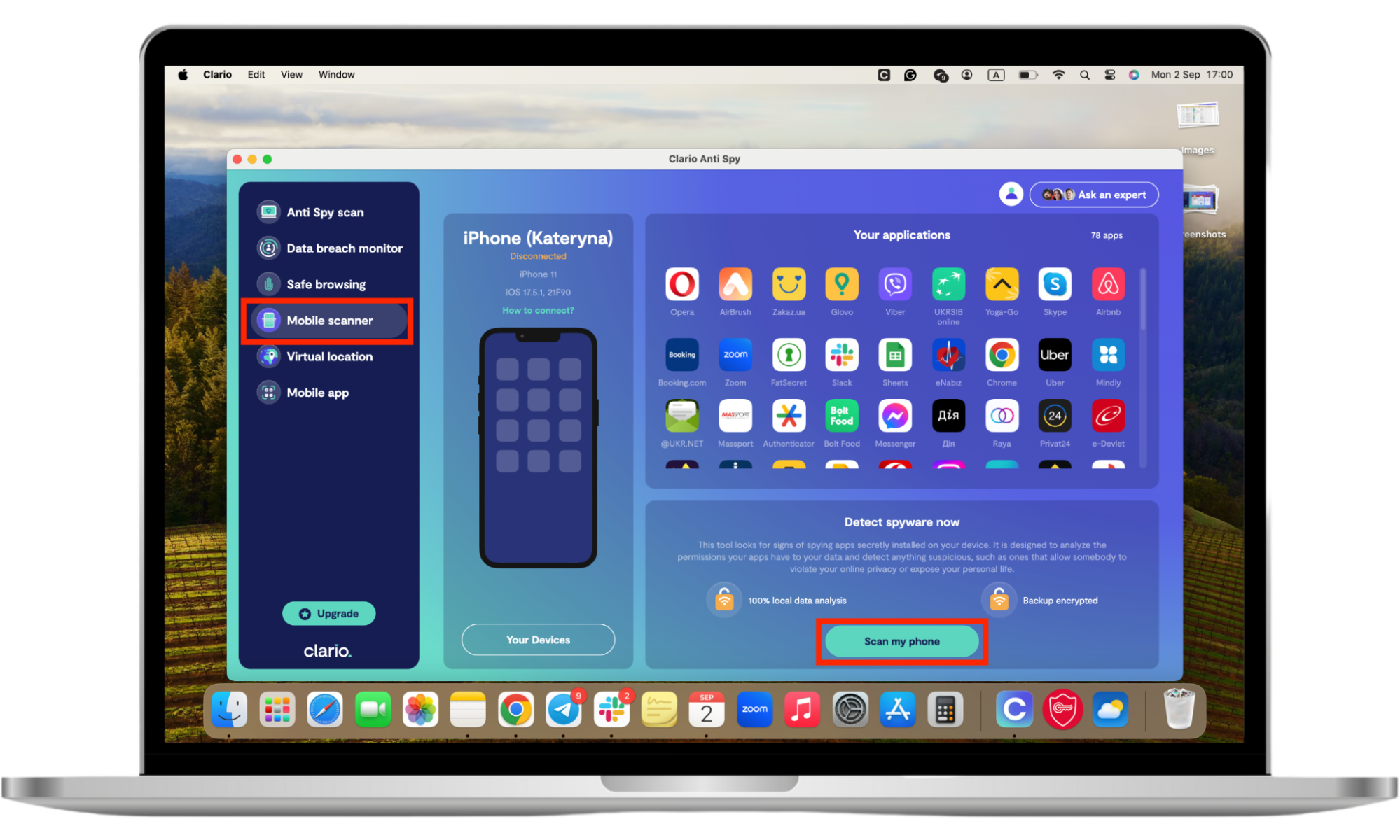 A screenshot of Clario Anti Spy on a Mac, showing how Clario Anti Spy can remove spyware and help you while you work out if your spouse can be charged with stalking. A screenshot of Clario Anti Spy on a Mac, showing how Clario Anti Spy can remove spyware and help you while you work out if your spouse can be charged with stalking.