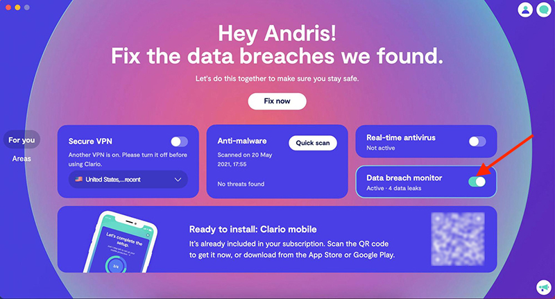 Toggle on the Data breach monitor Toggle on the Data breach monitor