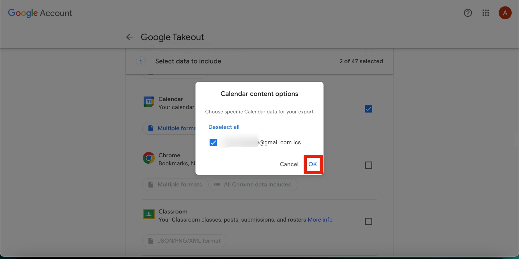 calendar content options in Google Takeout calendar content options in Google Takeout