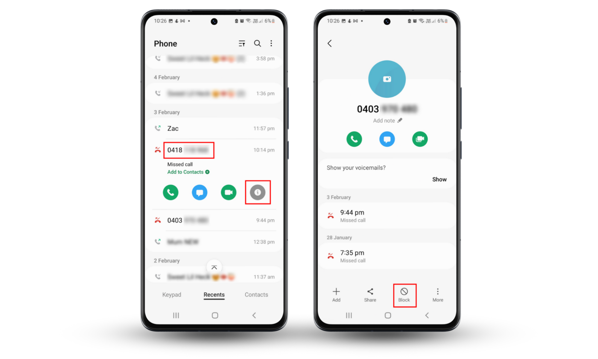 Android screenshots depicting how to block a contact so that they cannot call or text you. Android screenshots depicting how to block a contact so that they cannot call or text you.