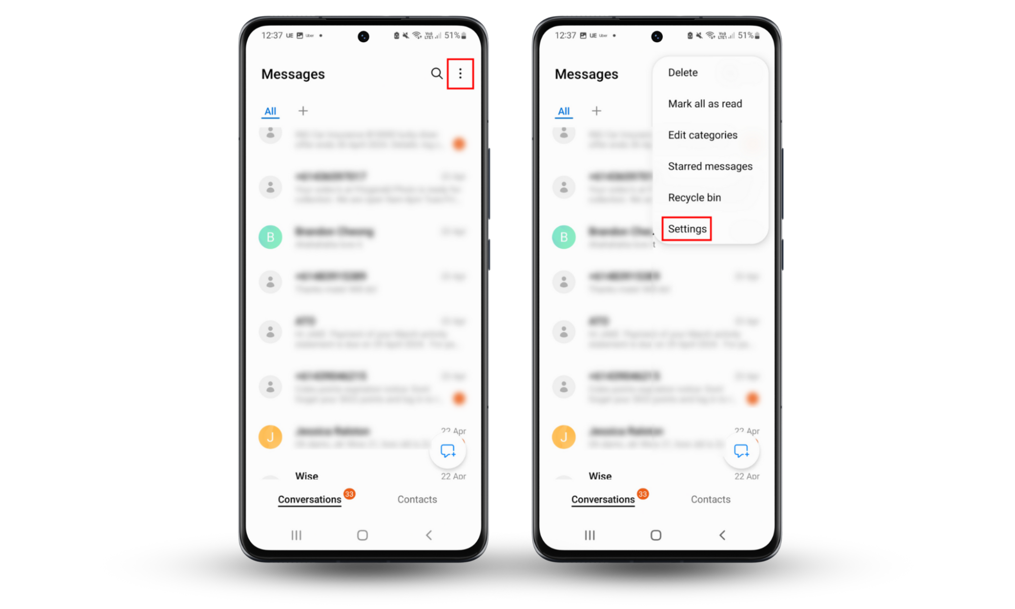 Android screenshots showing how to prevent from being hacked by responding to a text by enabling spam protection. Android screenshots showing how to prevent from being hacked by responding to a text by enabling spam protection.