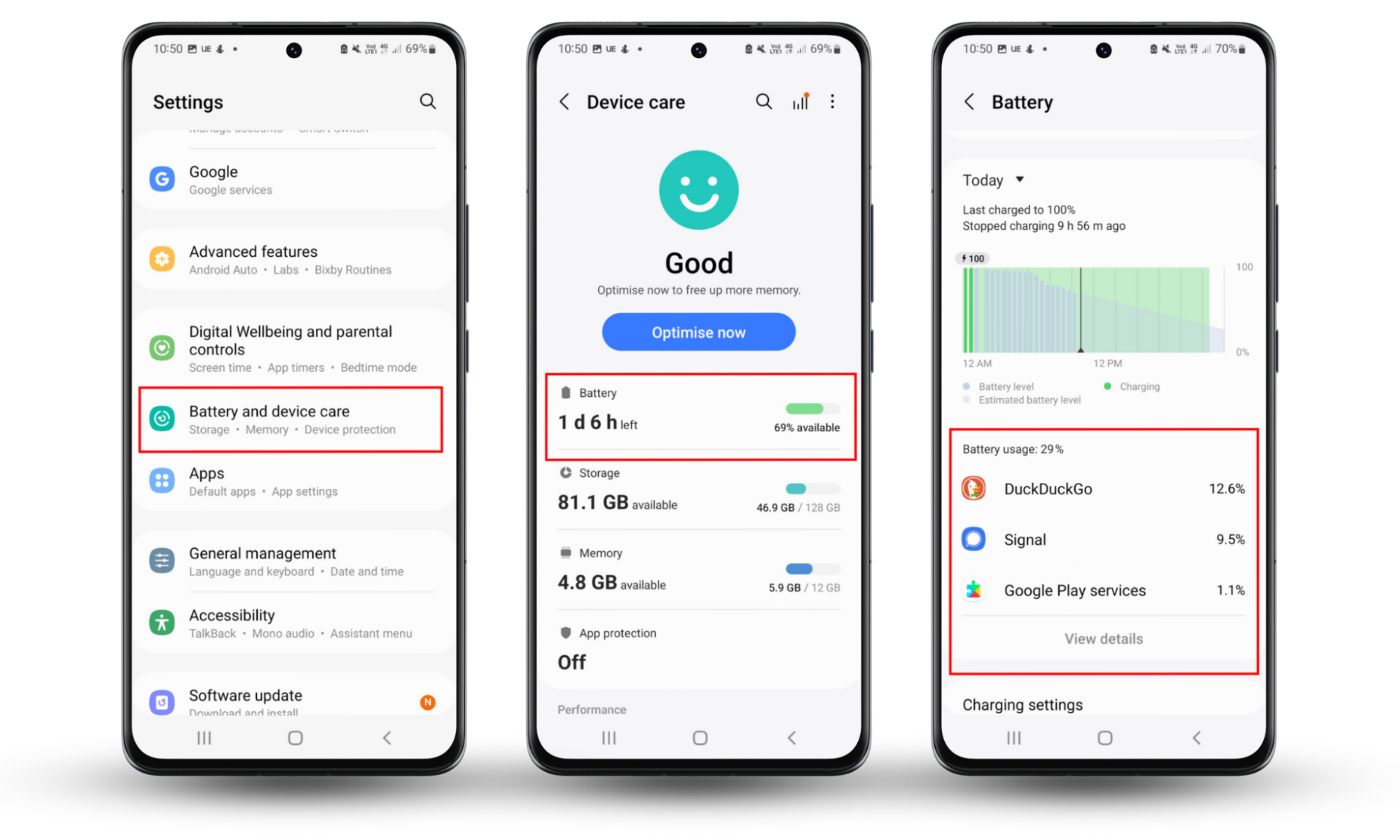 Screenshots of a Samsung phone showing how to check if certain apps are using too much battery, indicating that someone has hacked your device. Screenshots of a Samsung phone showing how to check if certain apps are using too much battery, indicating that someone has hacked your device.