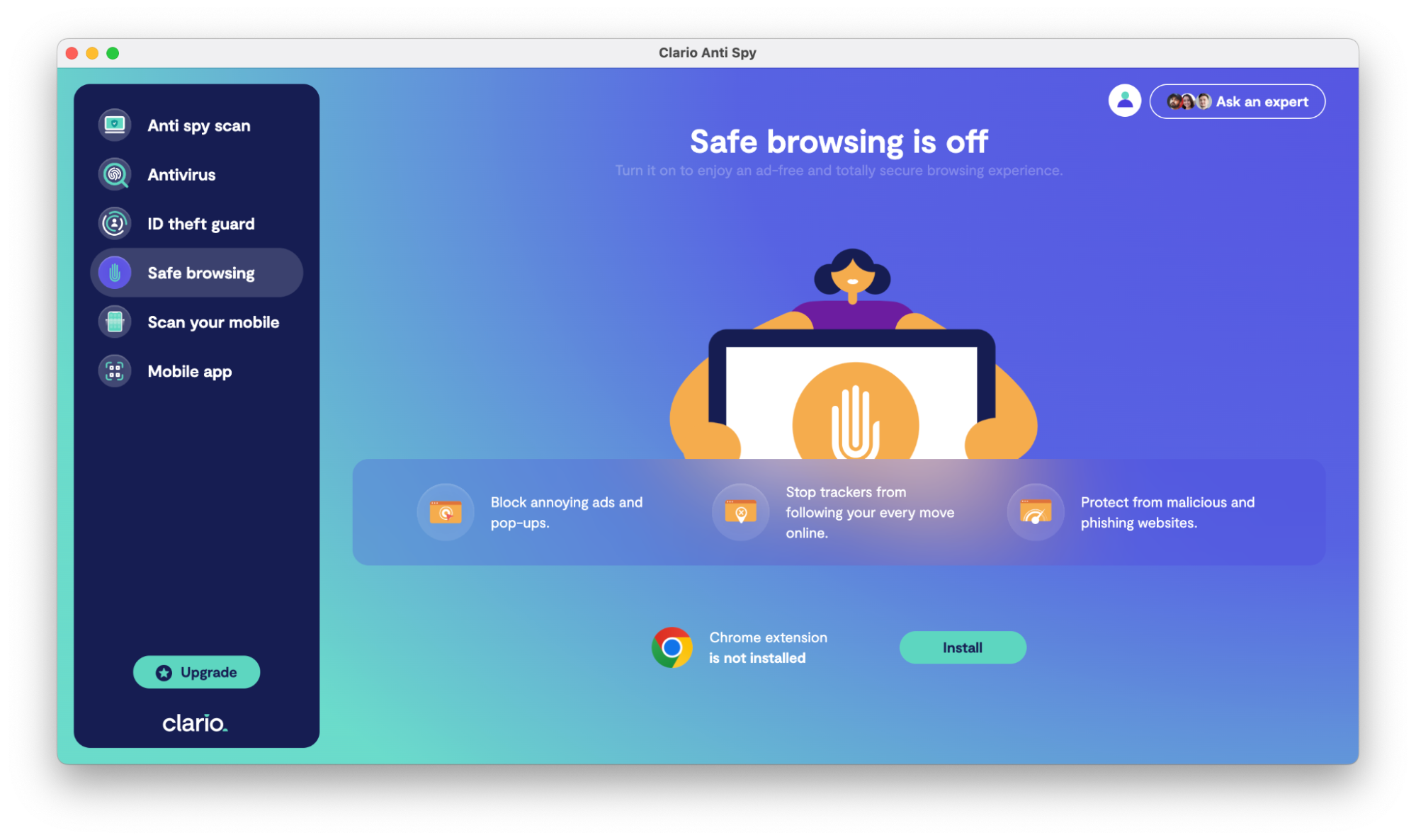 Clario AntiSpy dashboard showing how to install the Clario web extension Clario AntiSpy dashboard showing how to install the Clario web extension