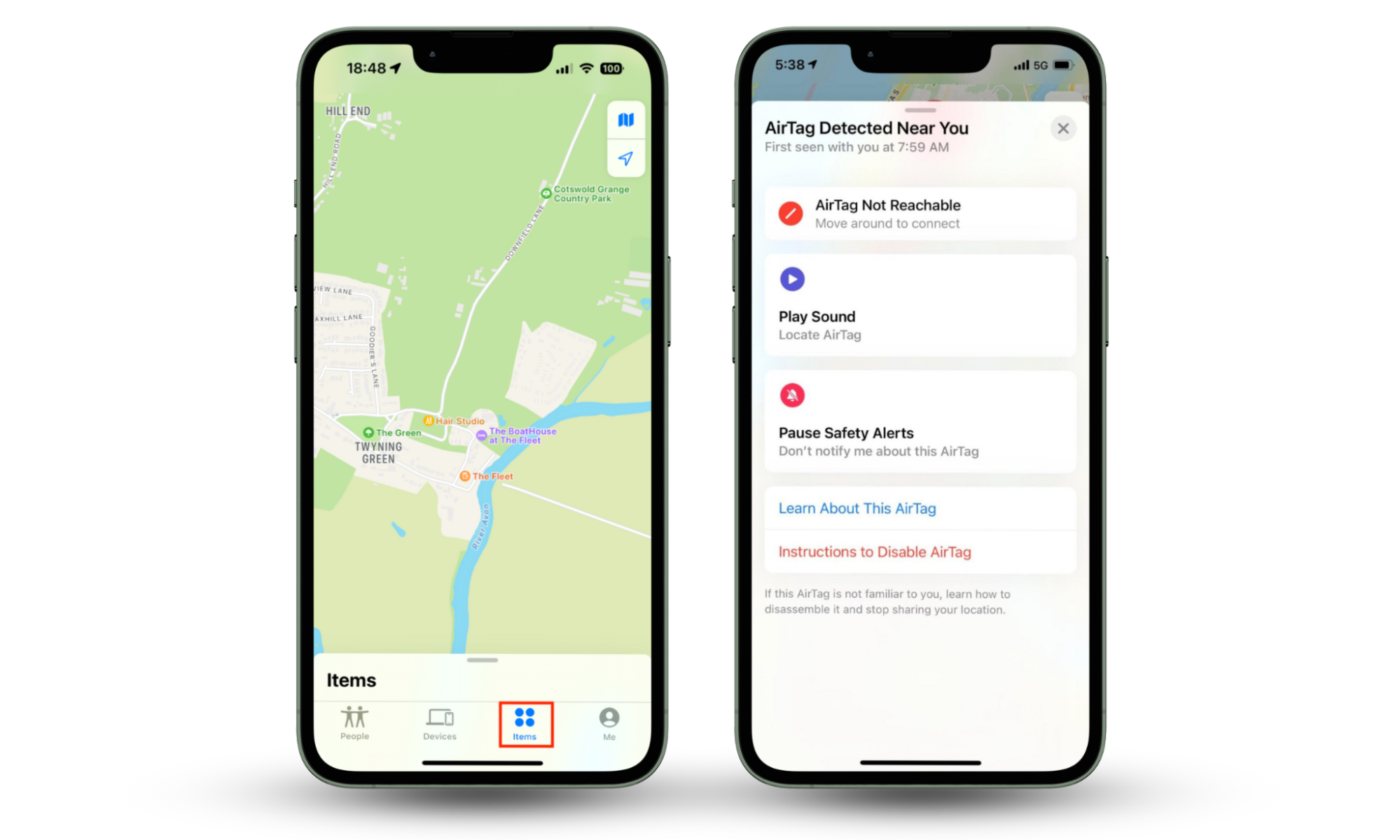 The Items tab inside the Find My app on iPhone. If an AirTag tracker is seen nearby because of spouse AirTag stalking, you'll see a section labeled Items Detected Near You. The Items tab inside the Find My app on iPhone. If an AirTag tracker is seen nearby because of spouse AirTag stalking, you'll see a section labeled Items Detected Near You.