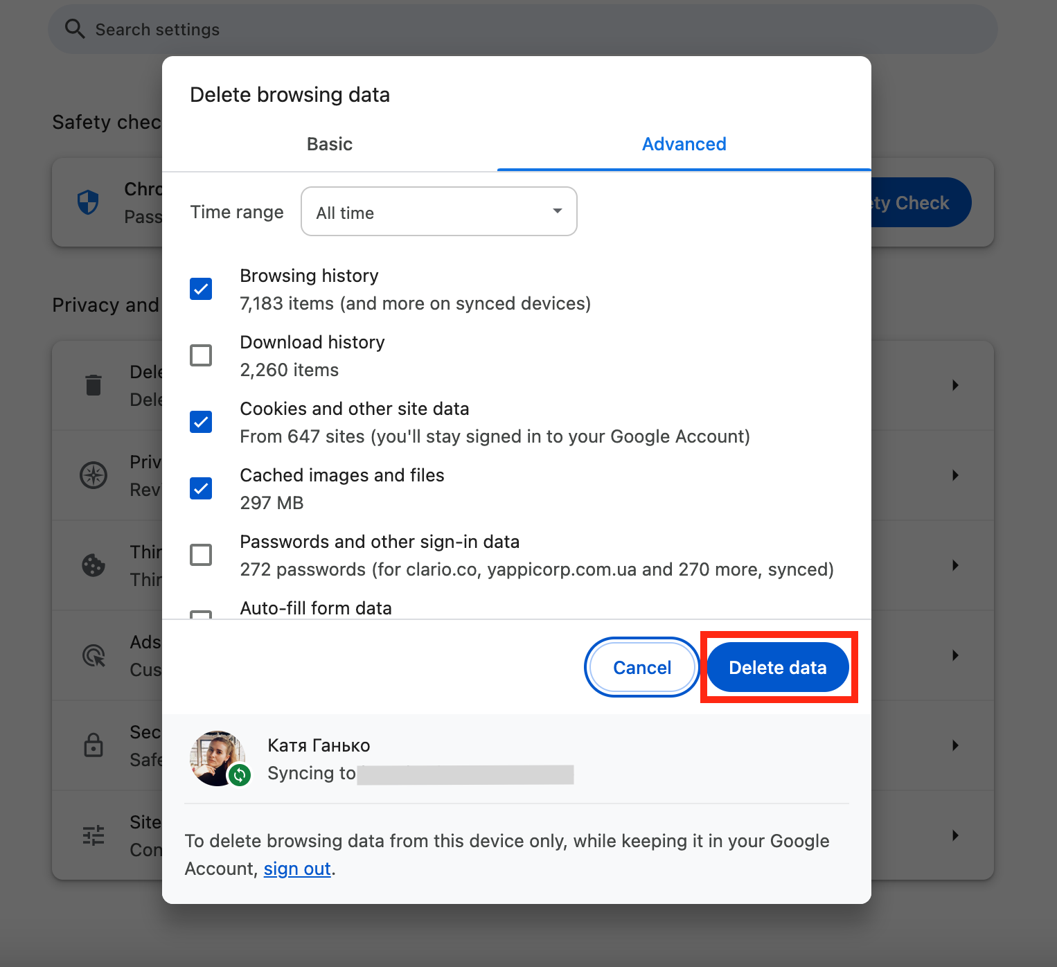 A screenshot of Google Chrome's Delete browsing data window showing how to delete data and remove malware from Mac. A screenshot of Google Chrome's Delete browsing data window showing how to delete data and remove malware from Mac.